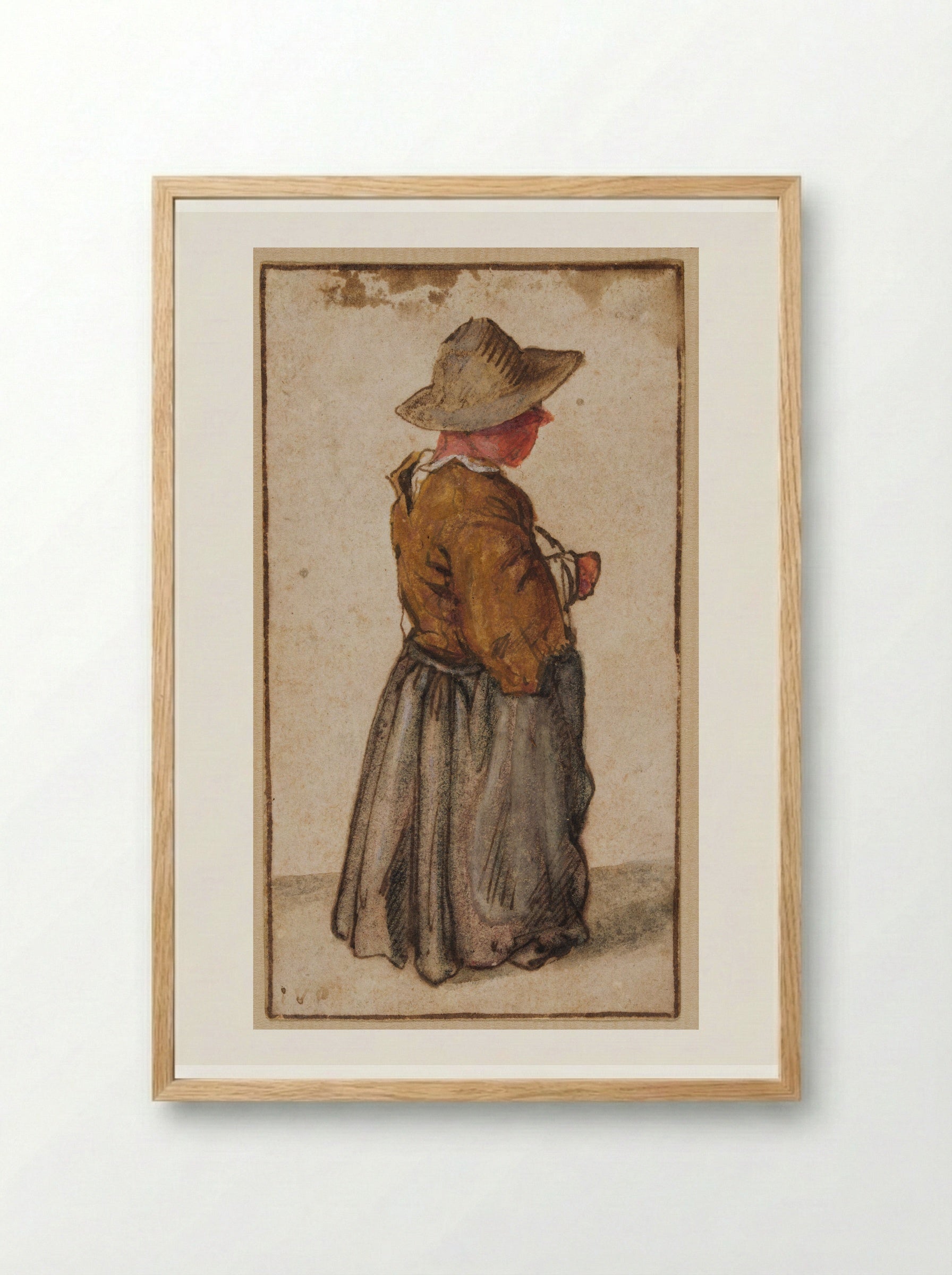 Standing Peasant Woman seen from Three-Quarters to the Rear - Cornelis Dusart - Framed Print Wood