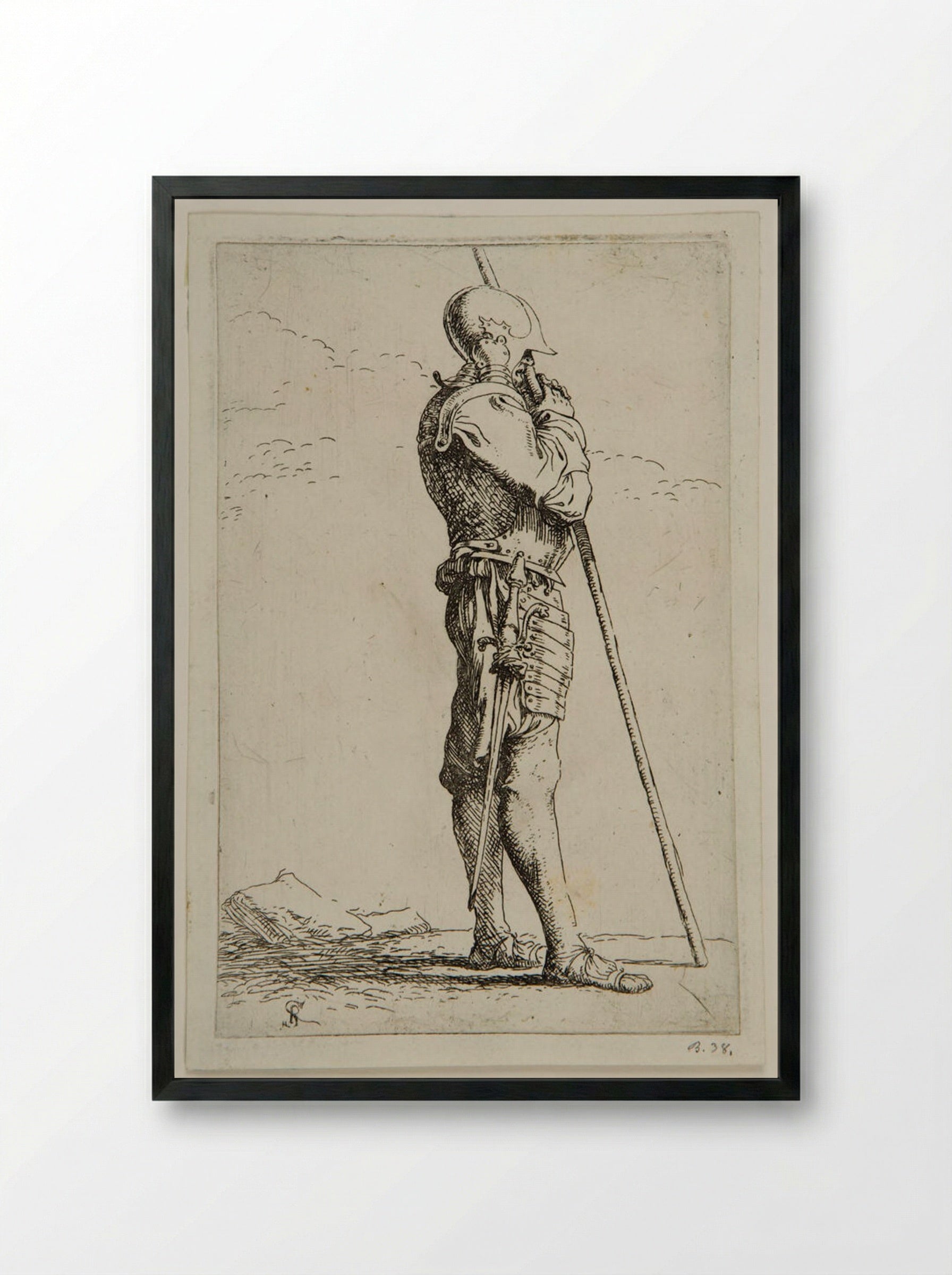 Standing Soldier in Profile, Leaning on a Lance - Salvator Rosa - Framed Print Black
