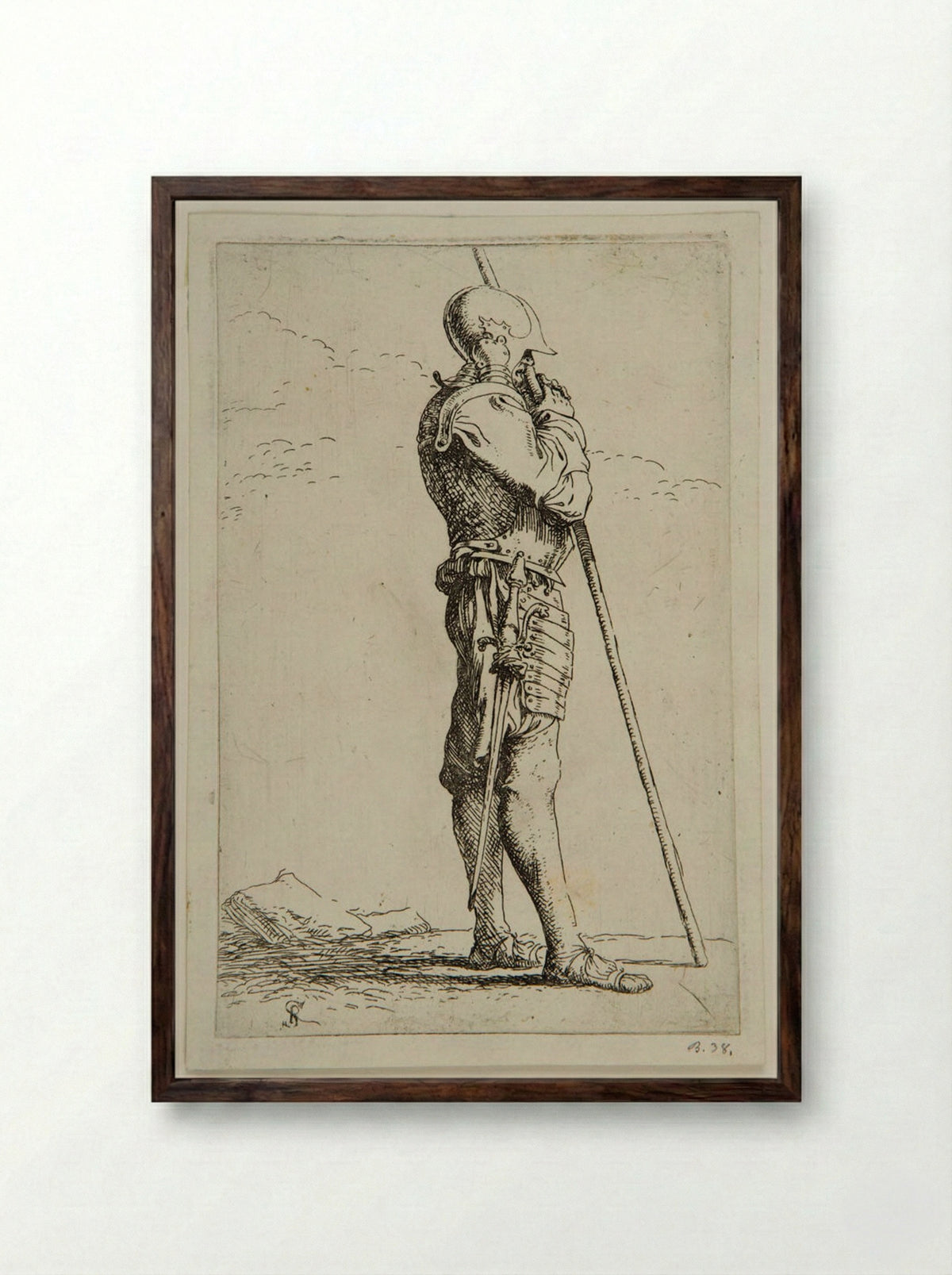 Standing Soldier in Profile, Leaning on a Lance - Salvator Rosa - Framed Print Dark Wood
