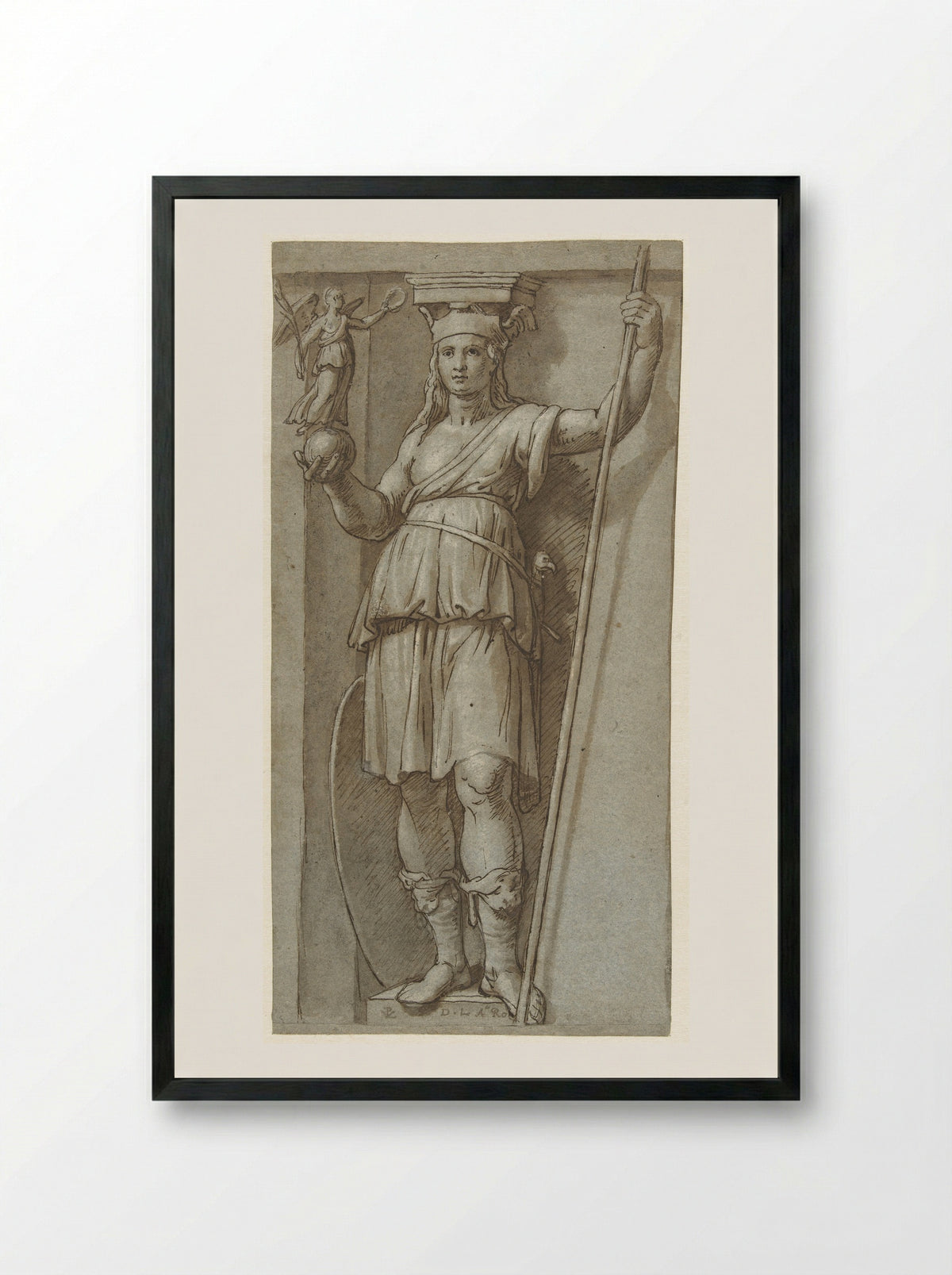 Standing Woman with a Staff and a Figure on a Globe - Pieter van Lint - Framed Print Black