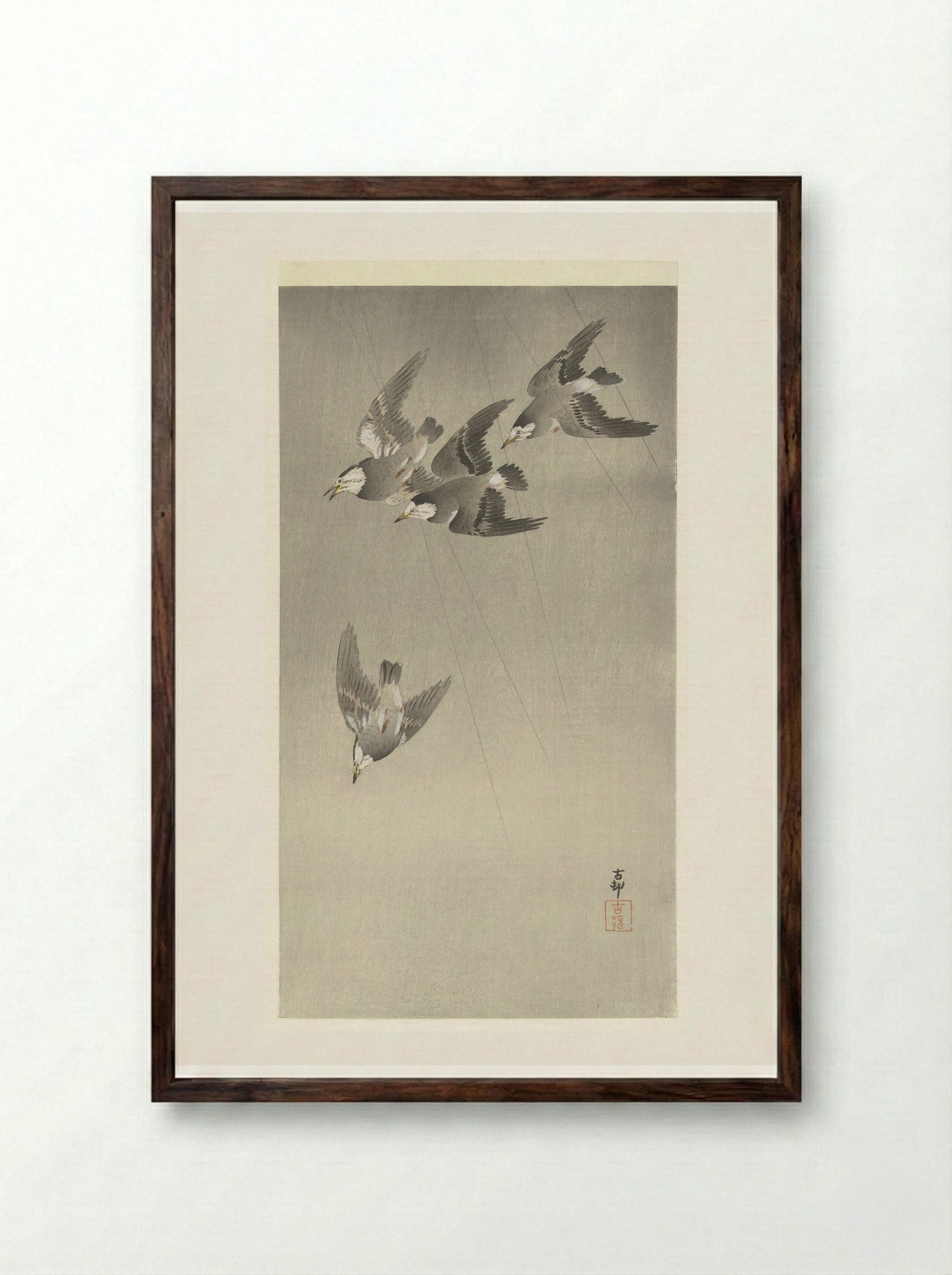 Starlings in the Rain - Matsuki Heikichi - Framed Print Dark Wood