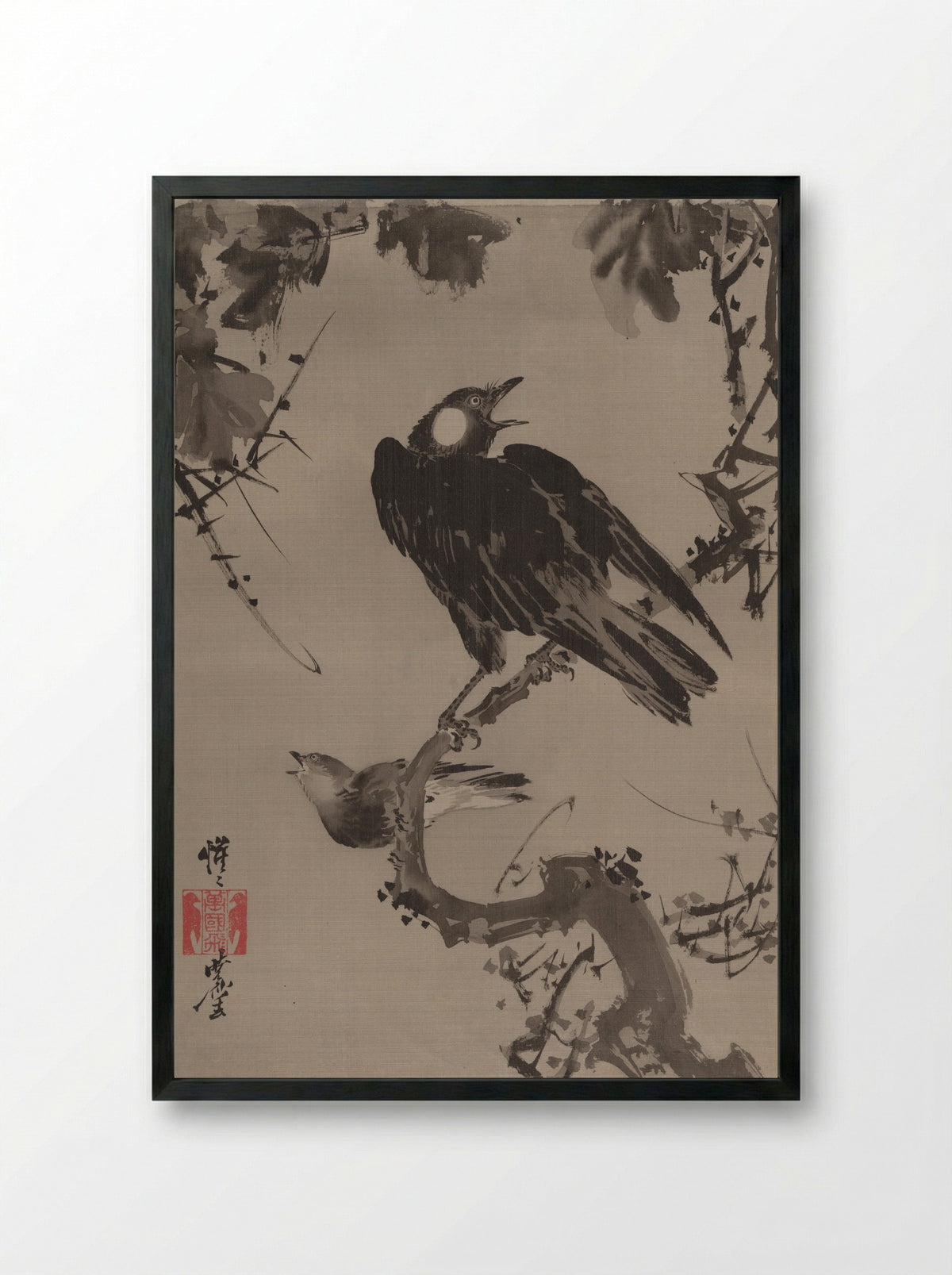 Starlings on a Branch - Kawanabe Kyōsai - Framed Print Black