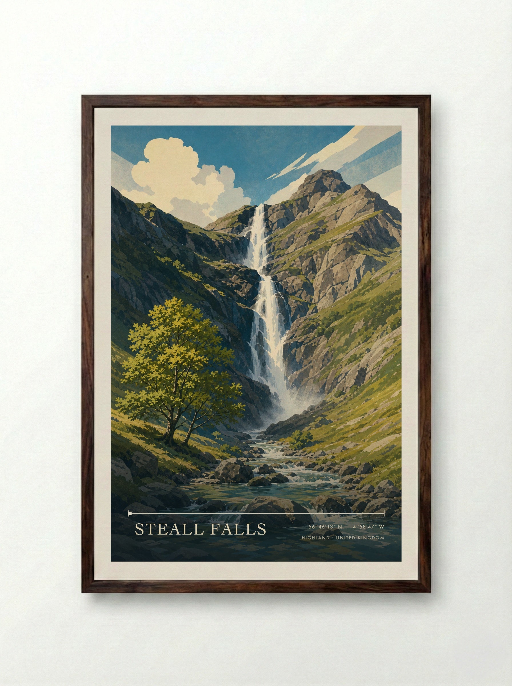 Steall Falls Highland United Kingdom Travel Poster - Framed Print Dark Wood