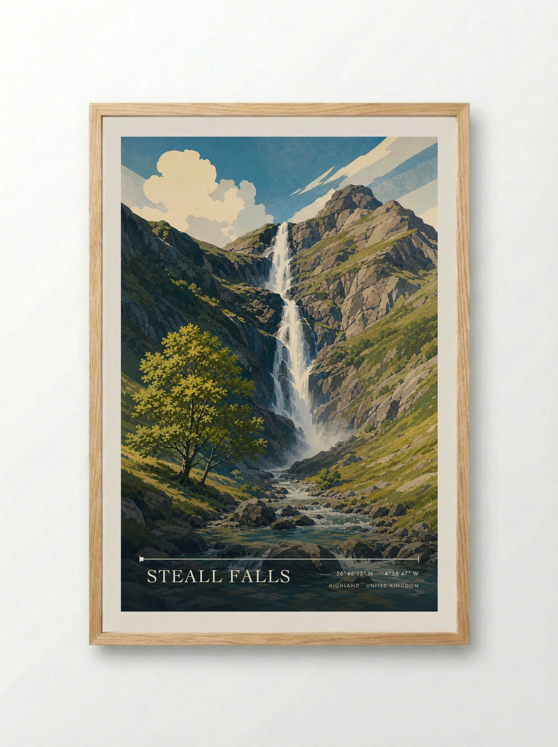 Steall Falls Highland United Kingdom Travel Poster - Framed Print Wood