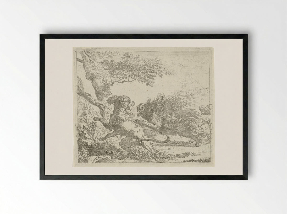 Stekelvarken door honden aangevallen - Abraham Daniëlsz. Hondius - Framed Print Black