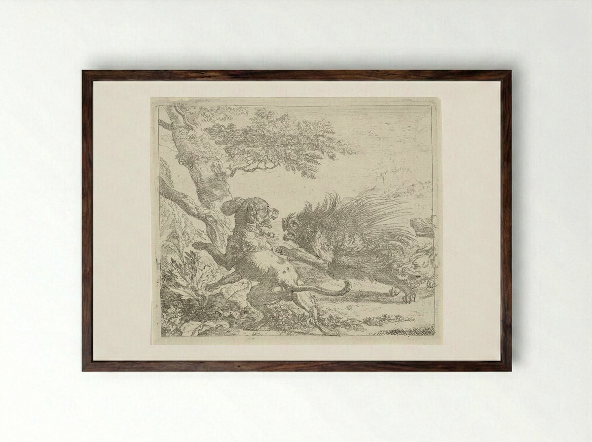 Stekelvarken door honden aangevallen - Abraham Daniëlsz. Hondius - Framed Print Dark Wood