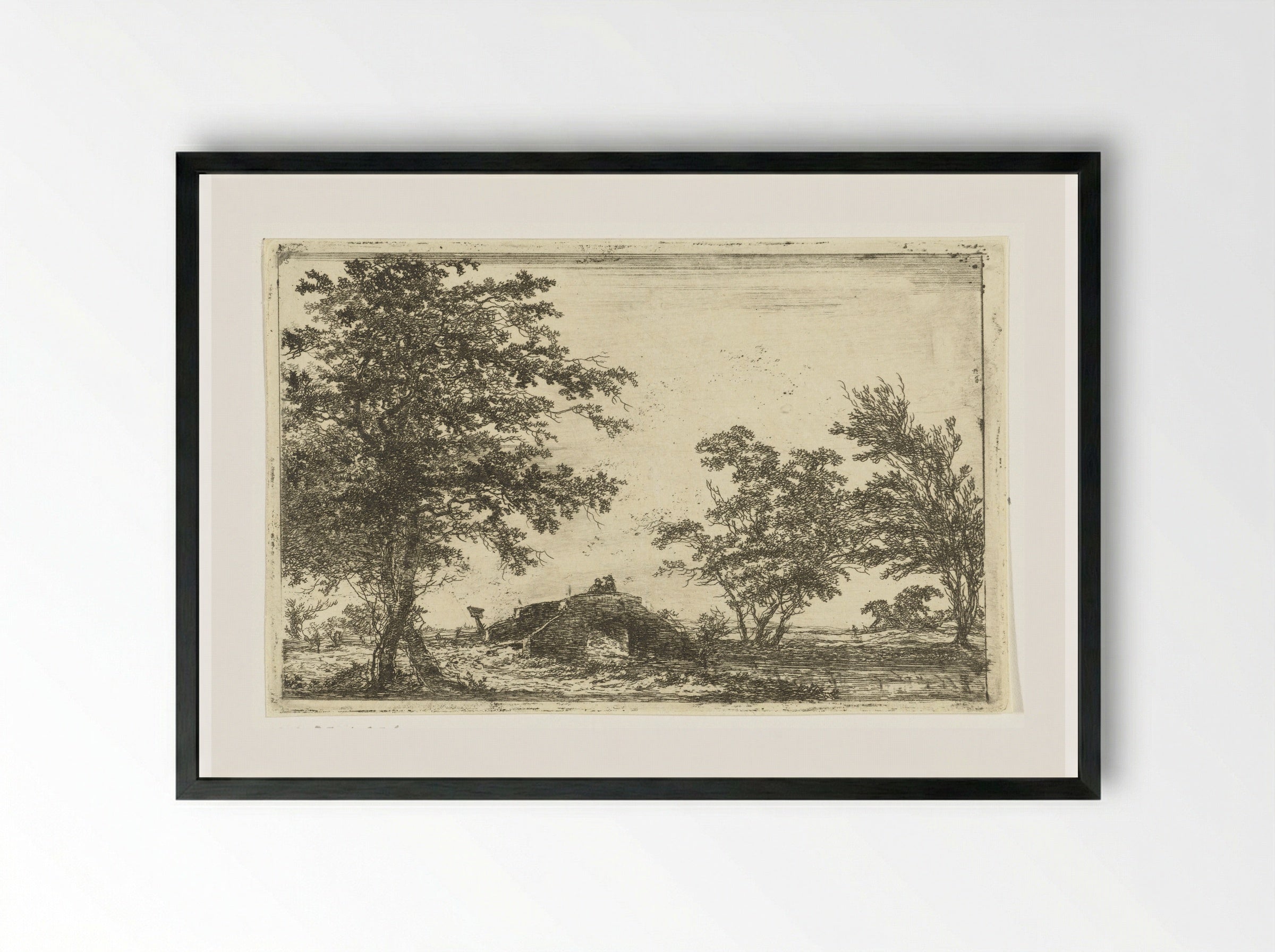 Stenen brug met twee figuren - Hermanus van Brussel - Framed Print Black