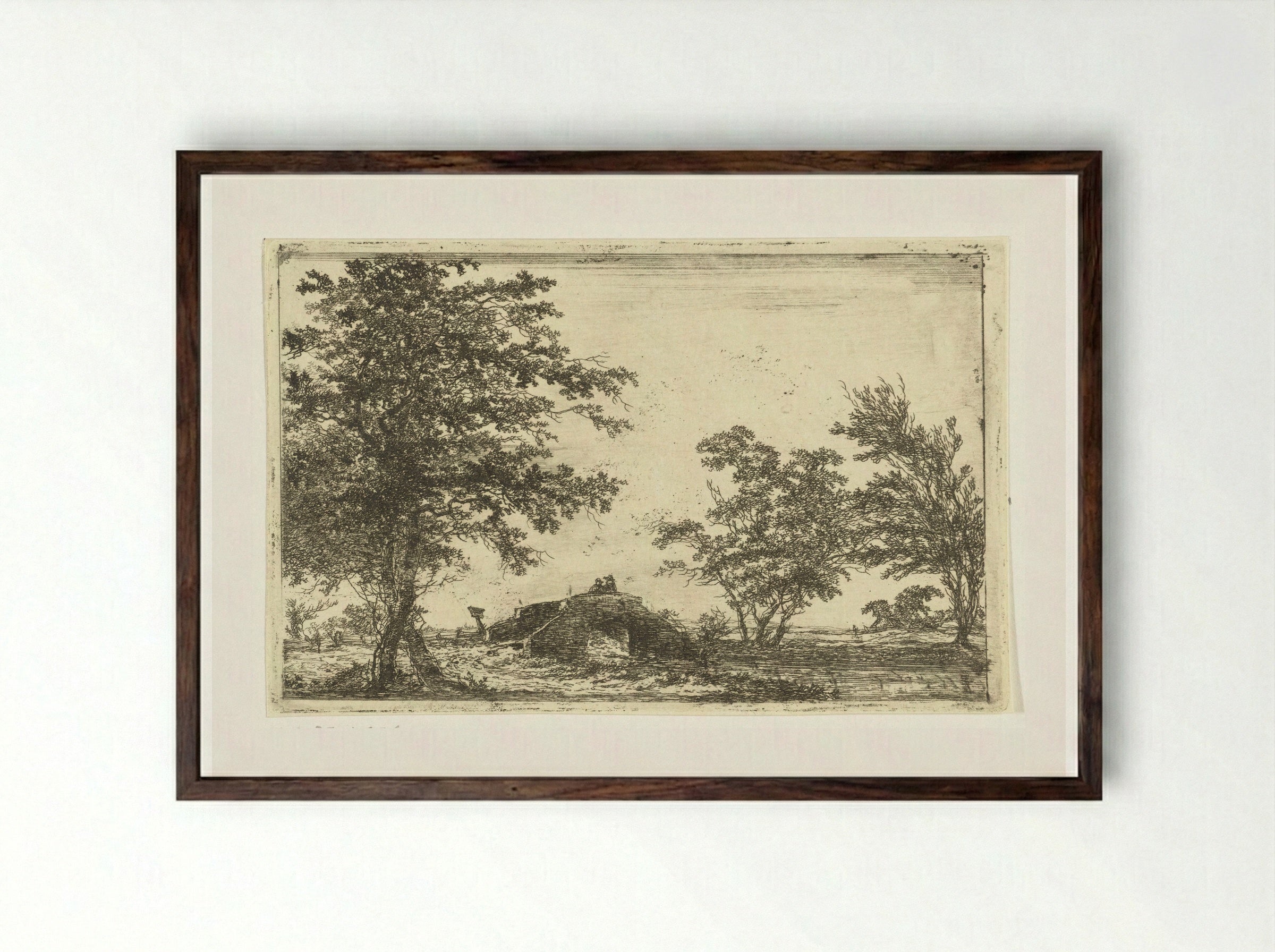 Stenen brug met twee figuren - Hermanus van Brussel - Framed Print Dark Wood