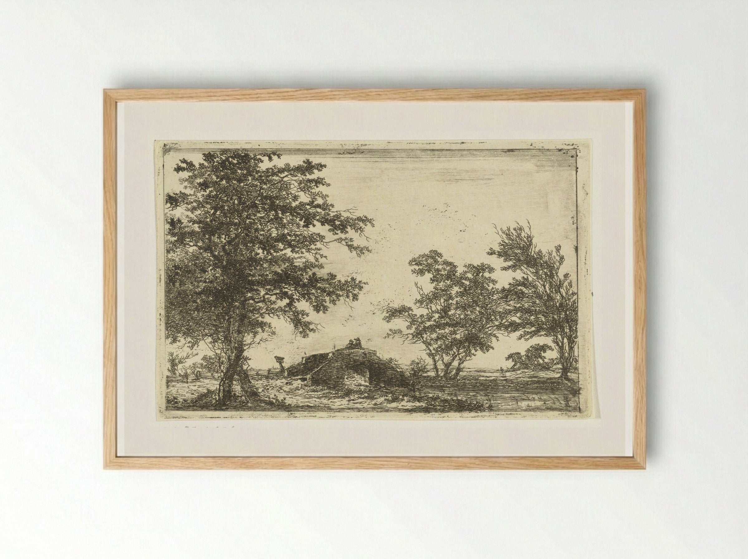 Stenen brug met twee figuren - Hermanus van Brussel - Framed Print Wood
