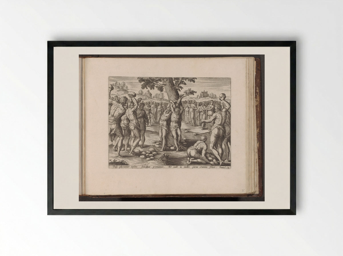 Steniging van de ouderlingen - Gerard de Jode - Framed Print Black