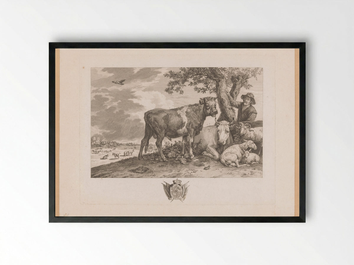 Stier met boer en kudde in een landschap - Louis Joseph Masquelier - Framed Print Black