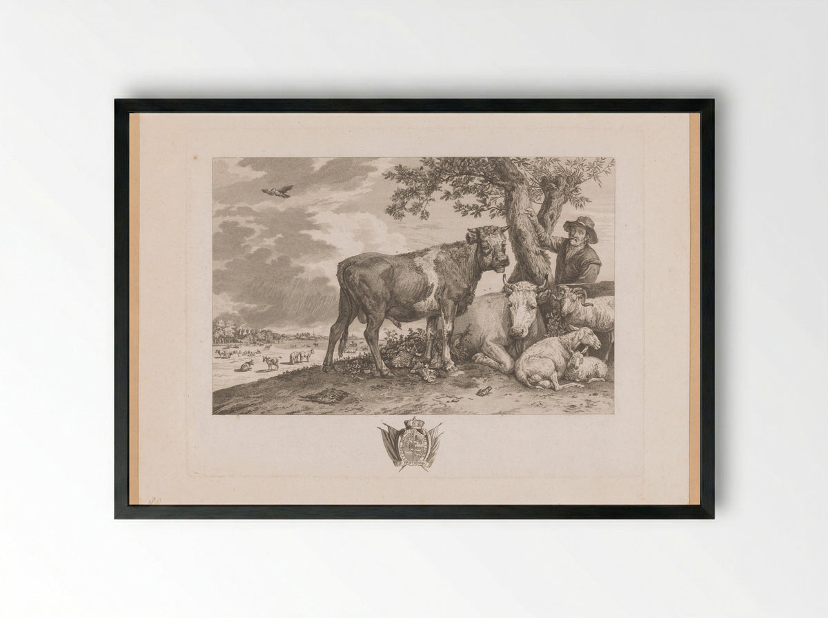 Stier met boer en kudde in een landschap - Louis Joseph Masquelier - Framed Print Black