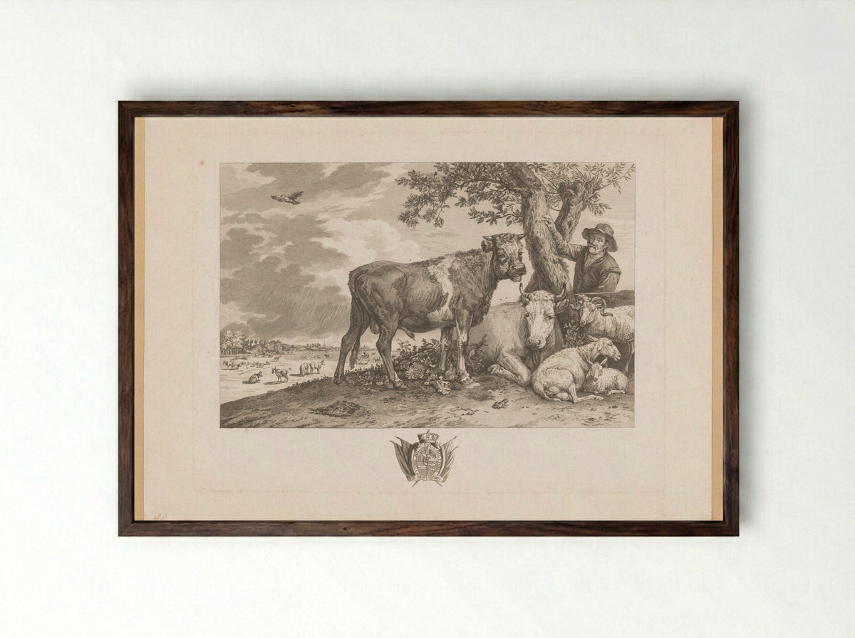 Stier met boer en kudde in een landschap - Louis Joseph Masquelier - Framed Print Dark Wood