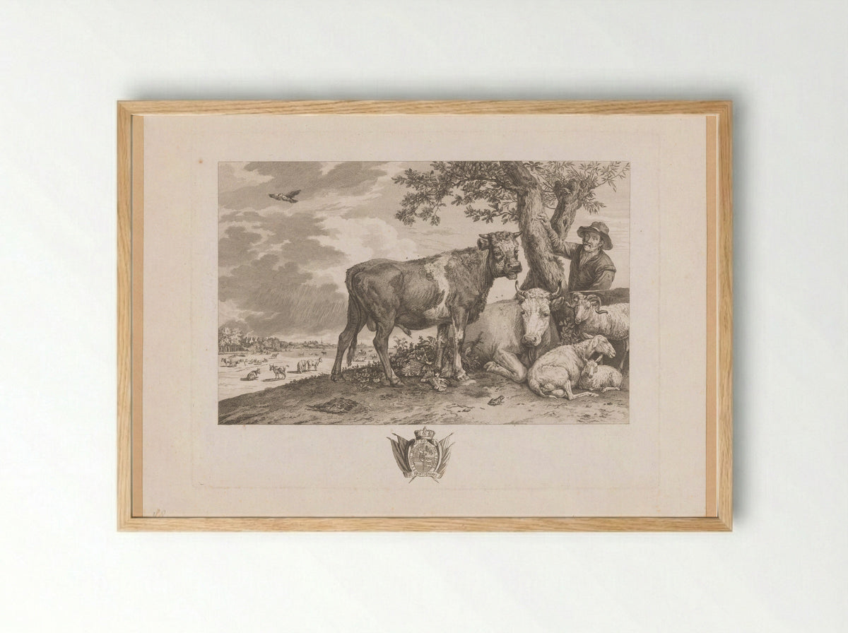 Stier met boer en kudde in een landschap - Louis Joseph Masquelier - Framed Print Wood
