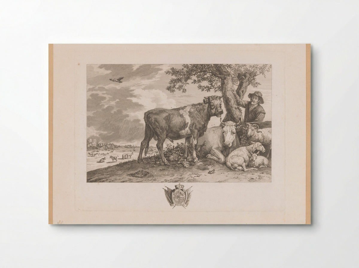 Stier met boer en kudde in een landschap - Louis Joseph Masquelier - Poster
