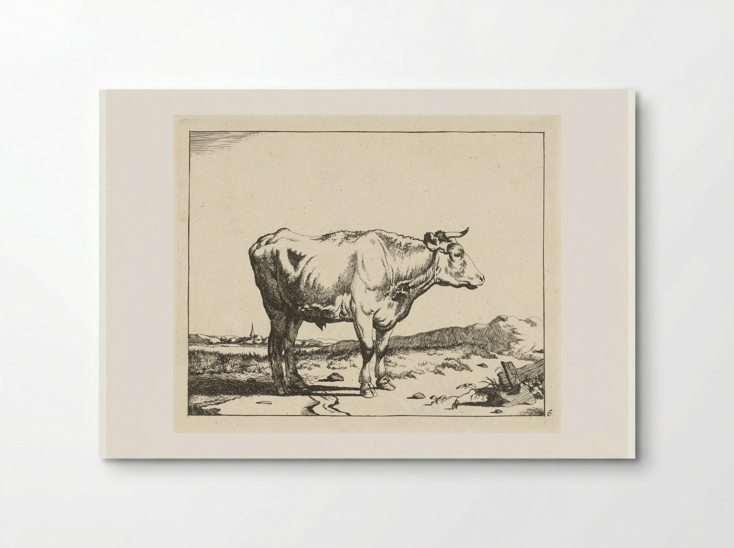 Stier, naar rechts, met kerktoren op achtergrond - Marcus de Bye - Poster