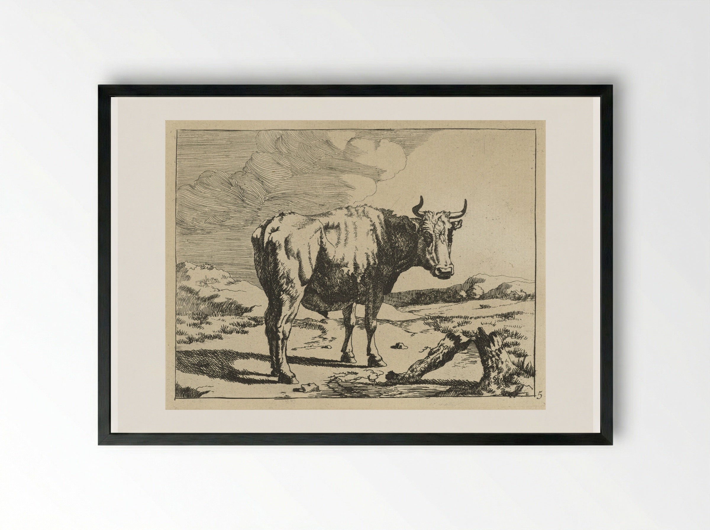 Stier staand bij boomstronk - Marcus de Bye - Framed Print Black