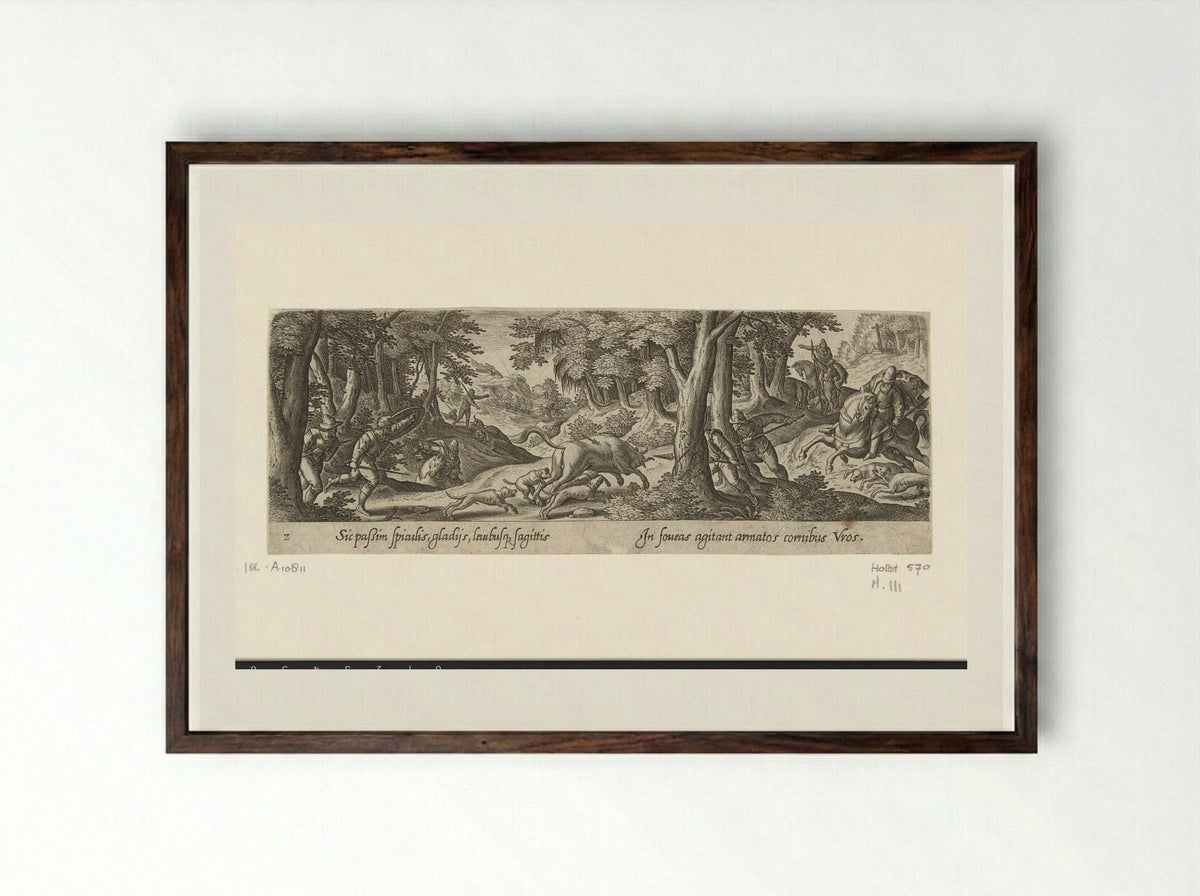 Stierenjacht (Bull Hunt) - Theodoor Galle - Framed Print Dark Wood