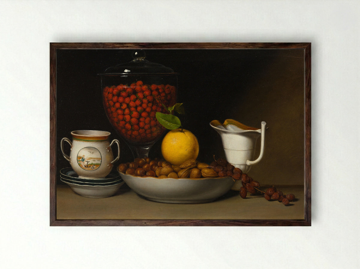 Still Life—Strawberries, Nuts, &c. - Raphaelle Peale - Framed Print Dark Wood