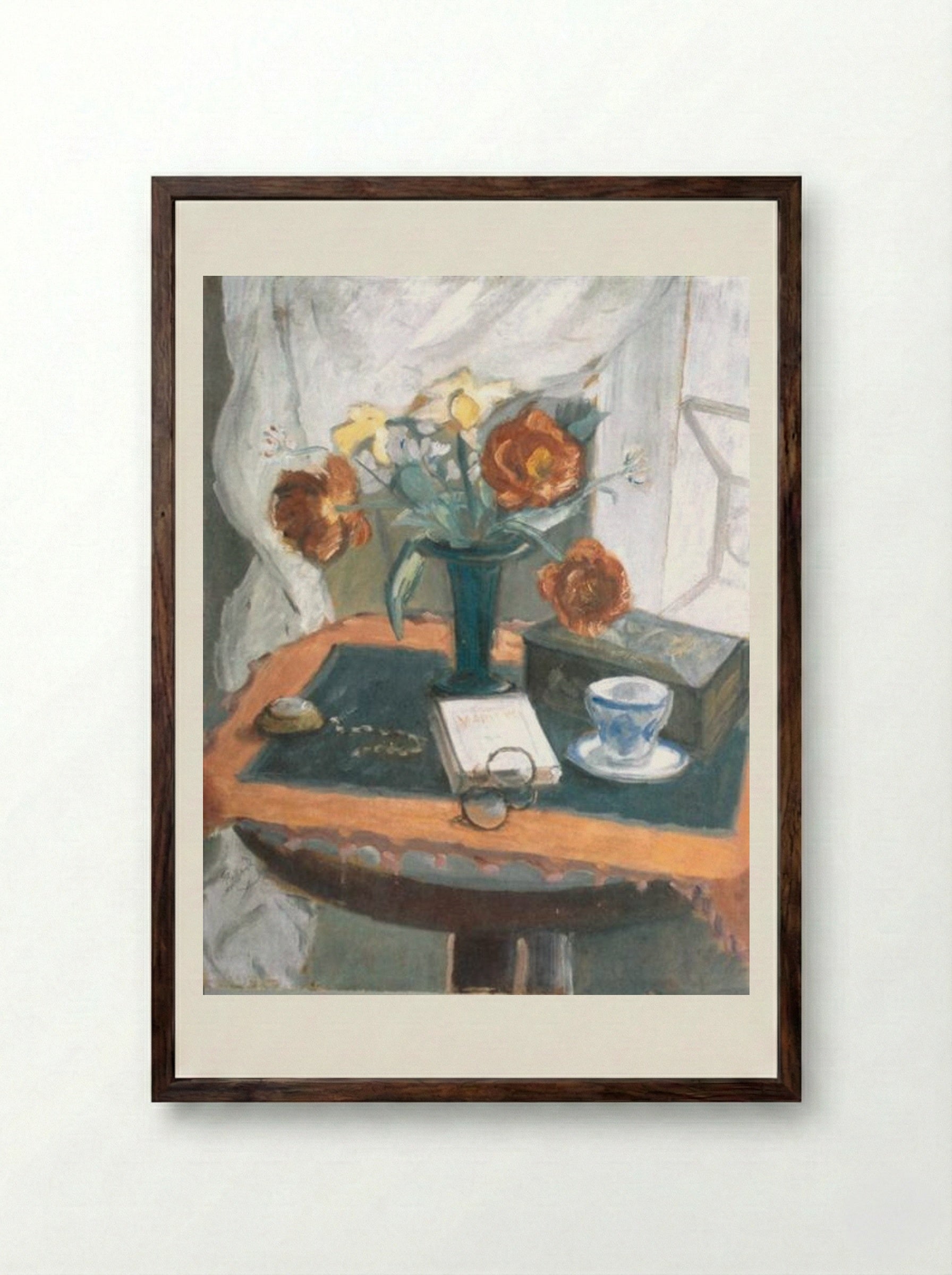 Still Life With Peonies and Clock - Theodor Pallady - Framed Print Dark Wood