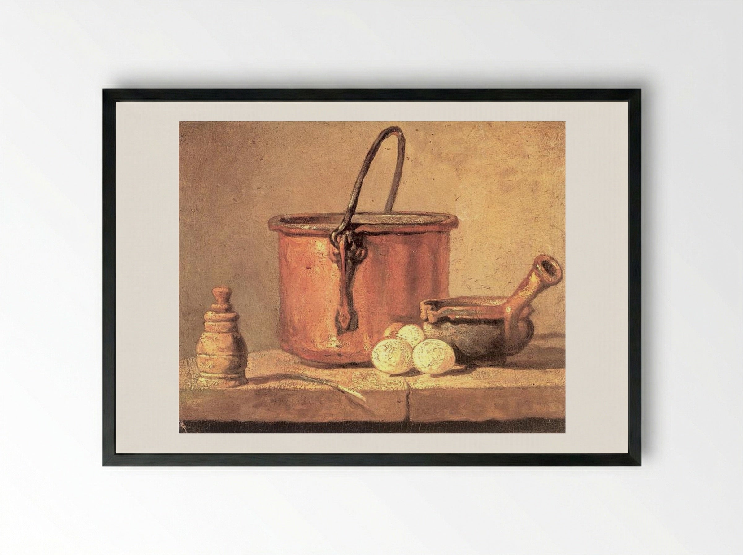 Still Life of Cooking Utensils, Cauldron, Casserole and Eggs - Jean-Baptiste-Simeon Chardin - Framed Print Black