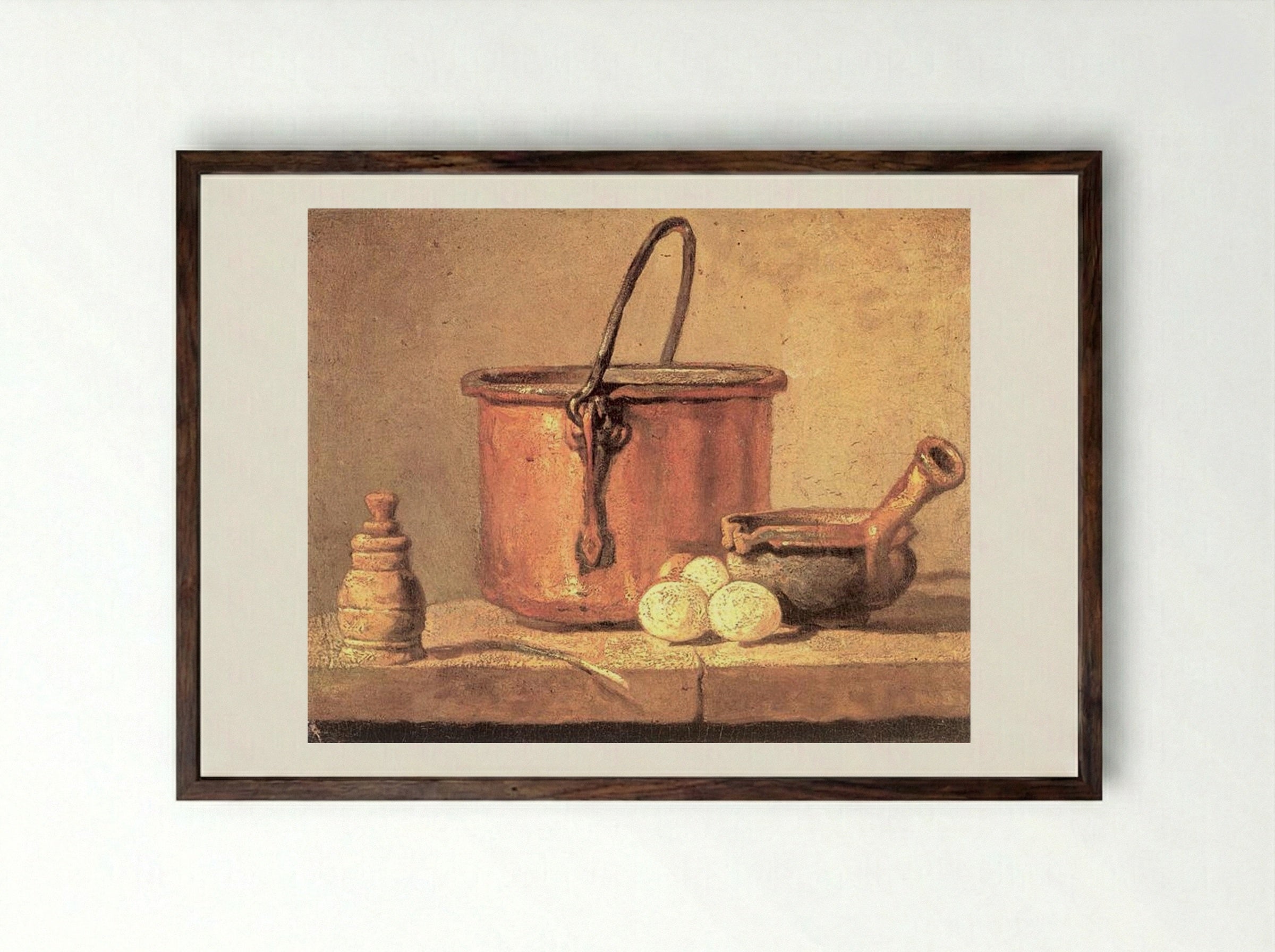 Still Life of Cooking Utensils, Cauldron, Casserole and Eggs - Jean-Baptiste-Simeon Chardin - Framed Print Dark Wood