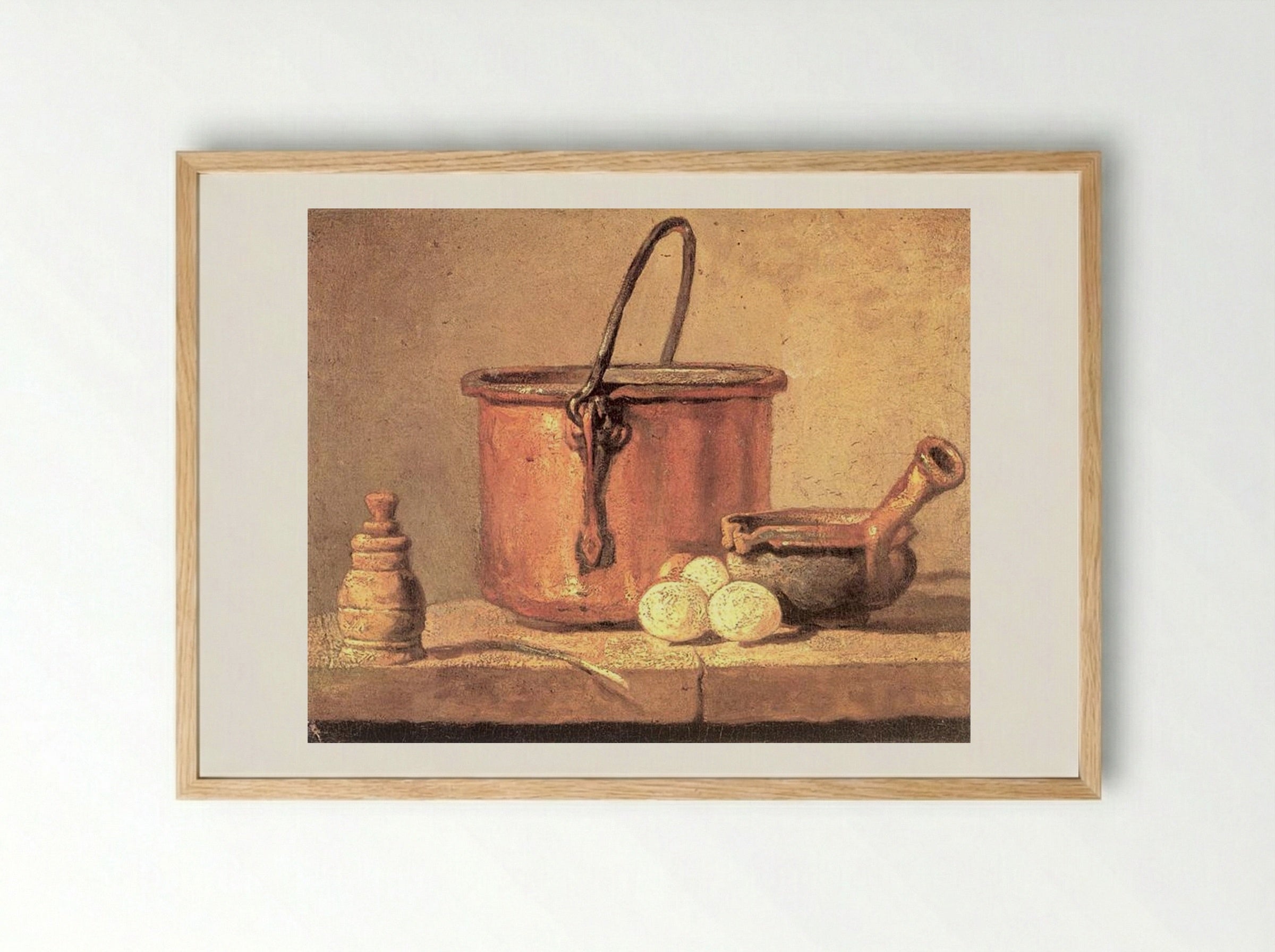 Still Life of Cooking Utensils, Cauldron, Casserole and Eggs - Jean-Baptiste-Simeon Chardin - Framed Print Wood