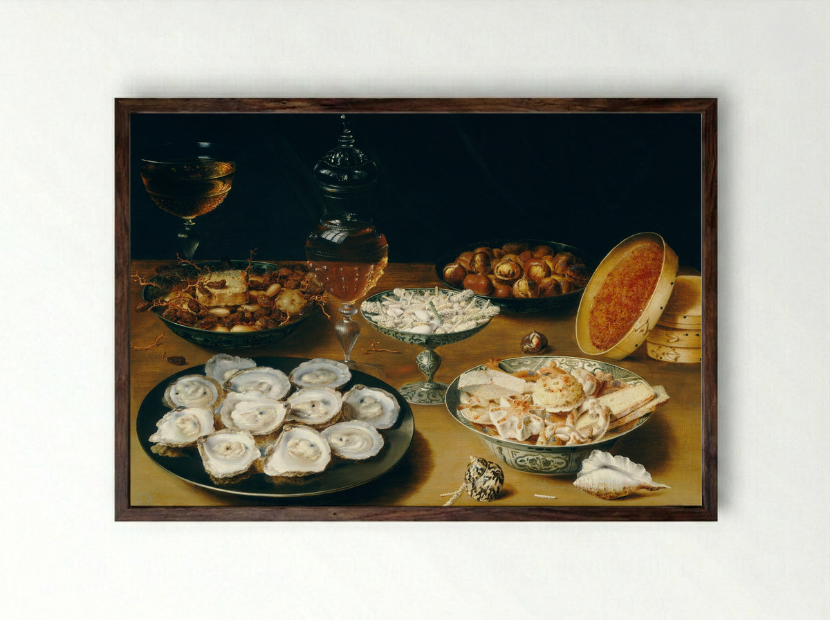 Still Life with Artichoke, Fruit on Porcelain Dishes, a Salt Cellar and a Pepper Pot - Osias Beert (I) - Framed Print Dark Wood