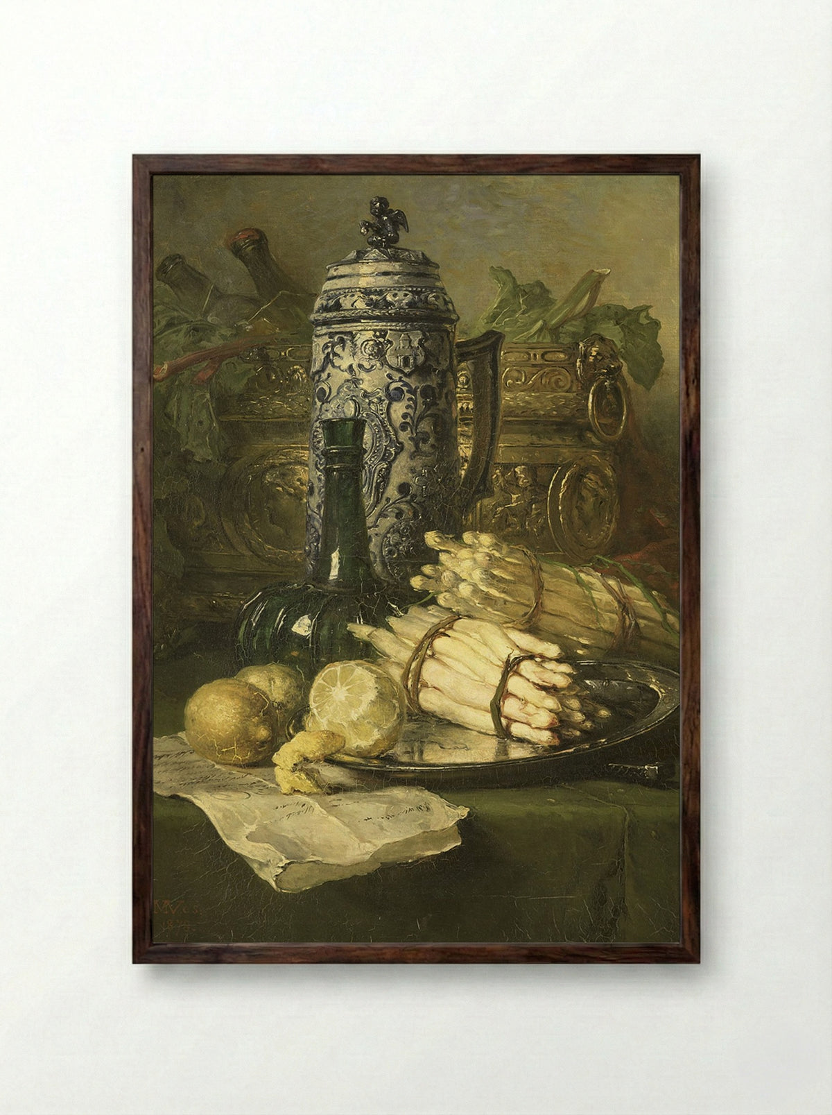 Still Life with Asparagus and Pewter Tankard - Maria Vos - Framed Print Dark Wood