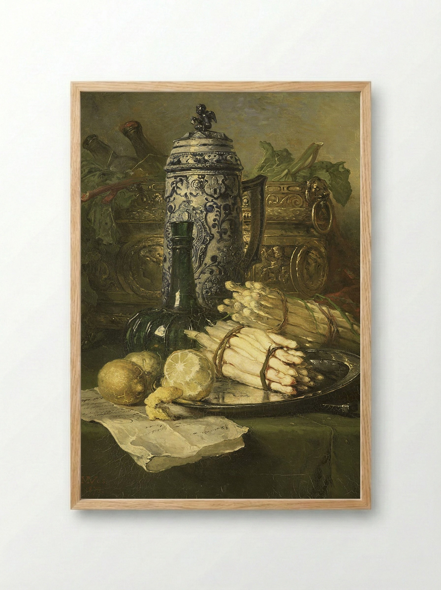 Still Life with Asparagus and Pewter Tankard - Maria Vos - Framed Print Wood