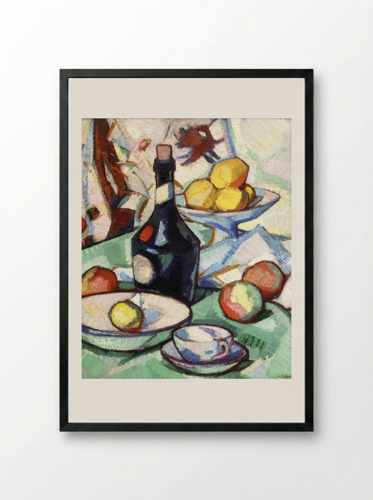 Still Life with Benedictine Bottle and Fruit - Samuel Peploe - Framed Print Black