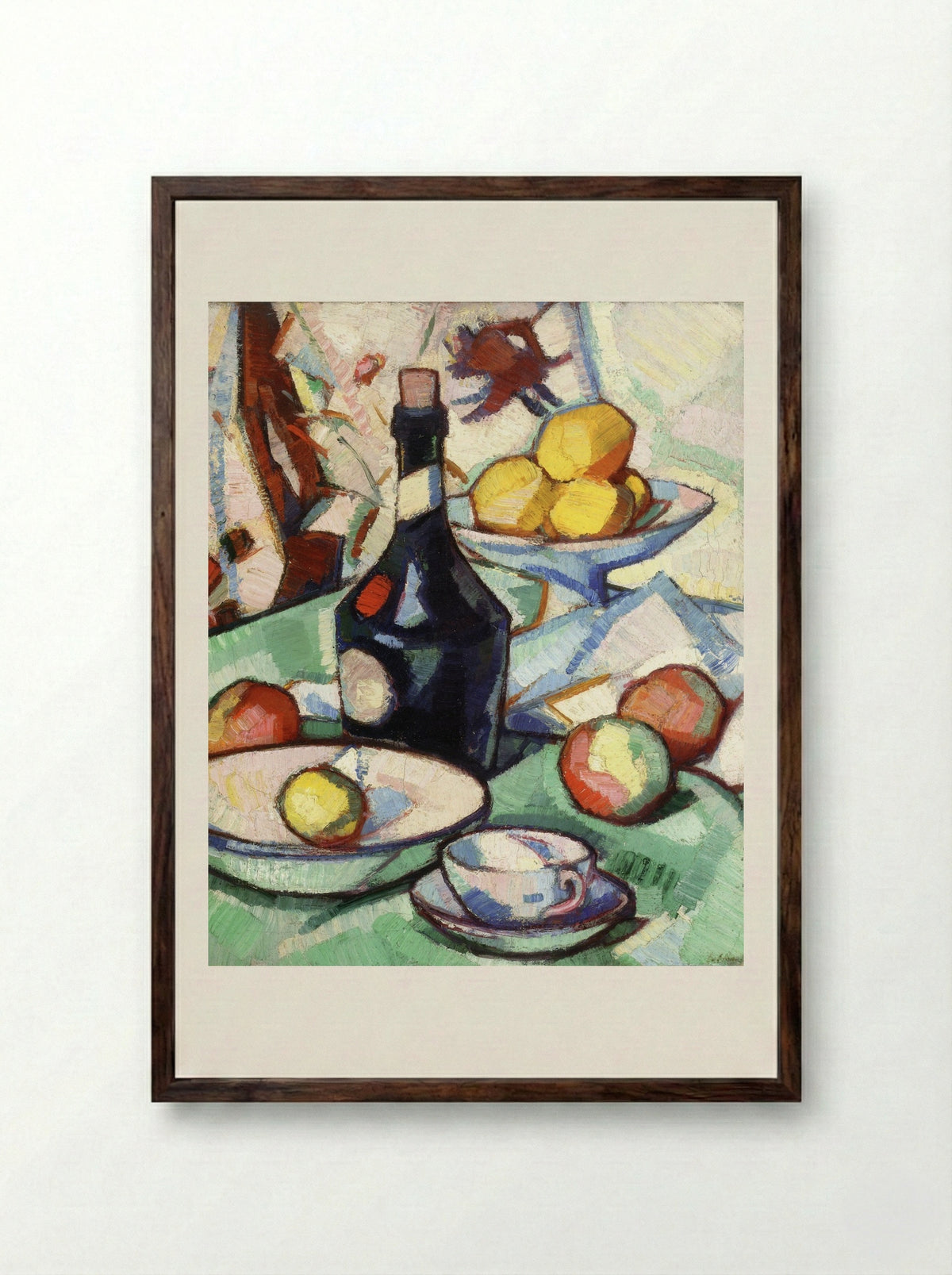 Still Life with Benedictine Bottle and Fruit - Samuel Peploe - Framed Print Dark Wood