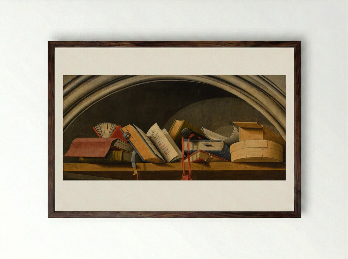 Still Life with Books in a Niche - Barthélémy d'Eyck - Framed Print Dark Wood