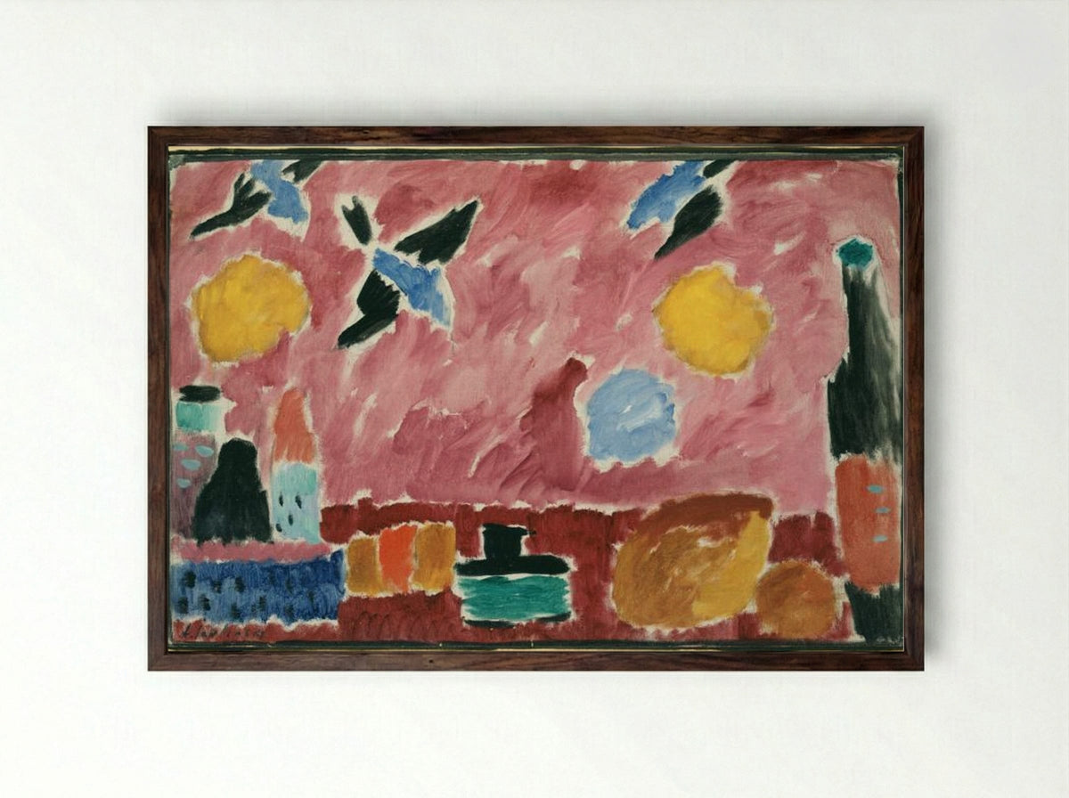 Still Life with Bottle, Bread and red Wallpaper with Swallows - Alexej von Jawlensky - Framed Print Dark Wood