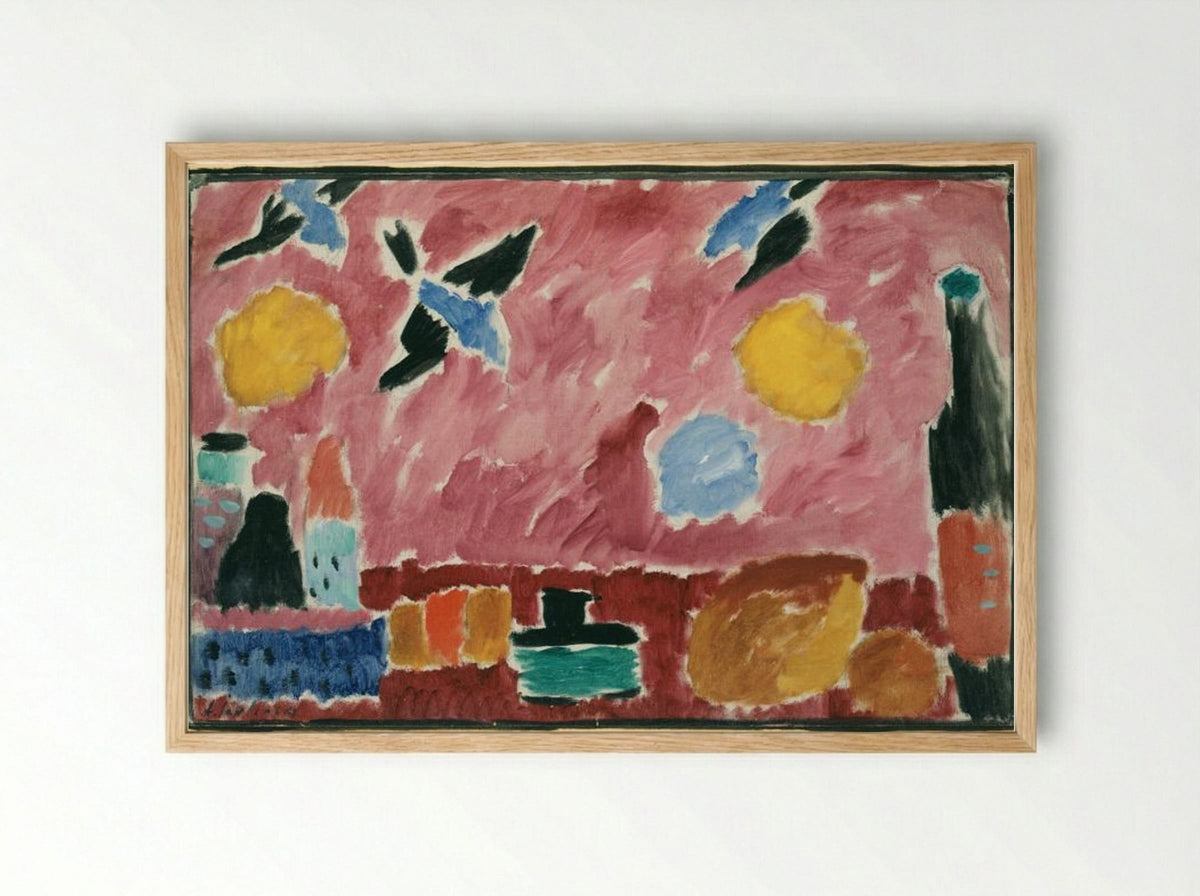 Still Life with Bottle, Bread and red Wallpaper with Swallows - Alexej von Jawlensky - Framed Print Wood