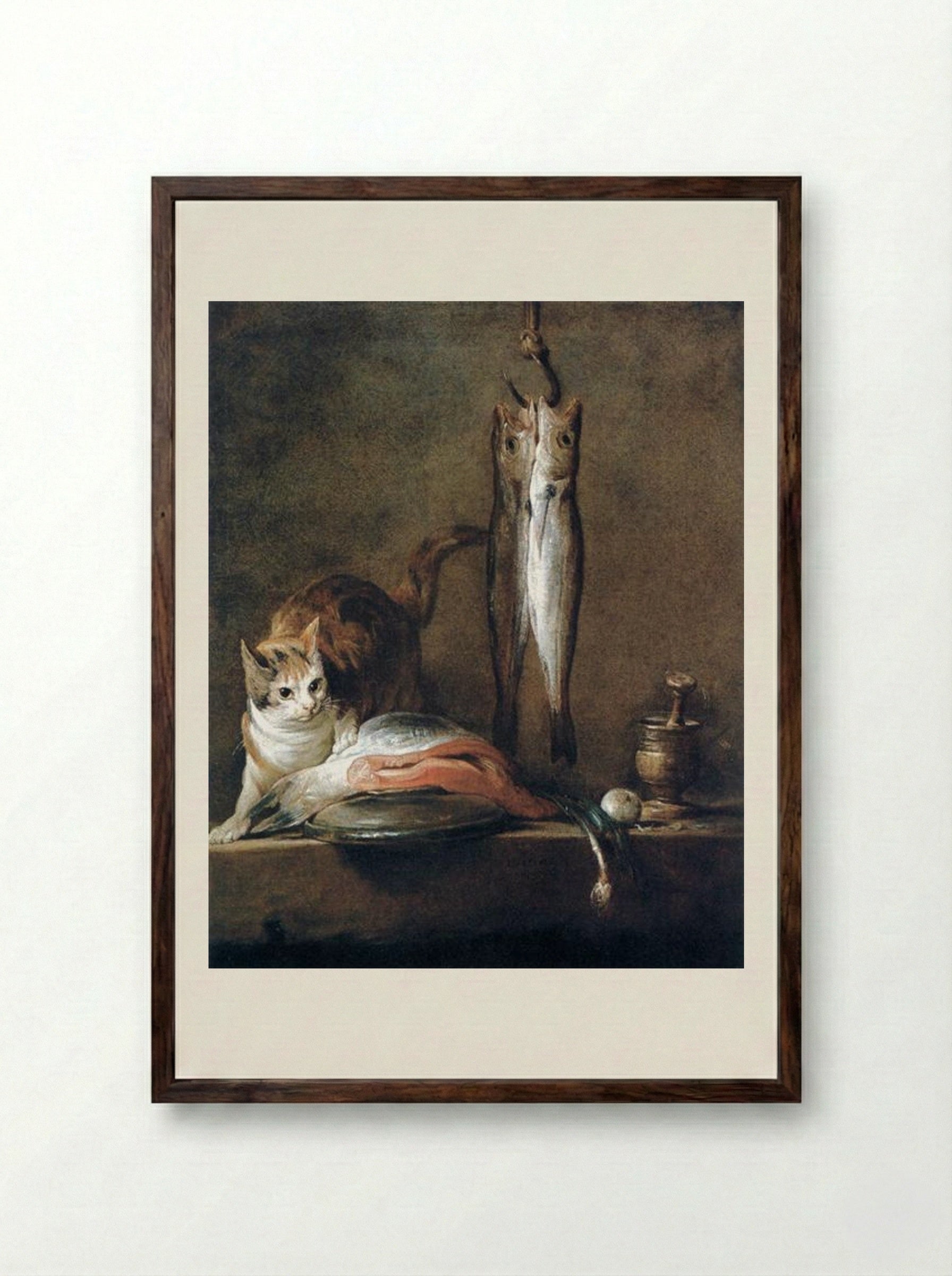 Still Life with Cat and Fish - Jean-Baptiste-Simeon Chardin - Framed Print Dark Wood
