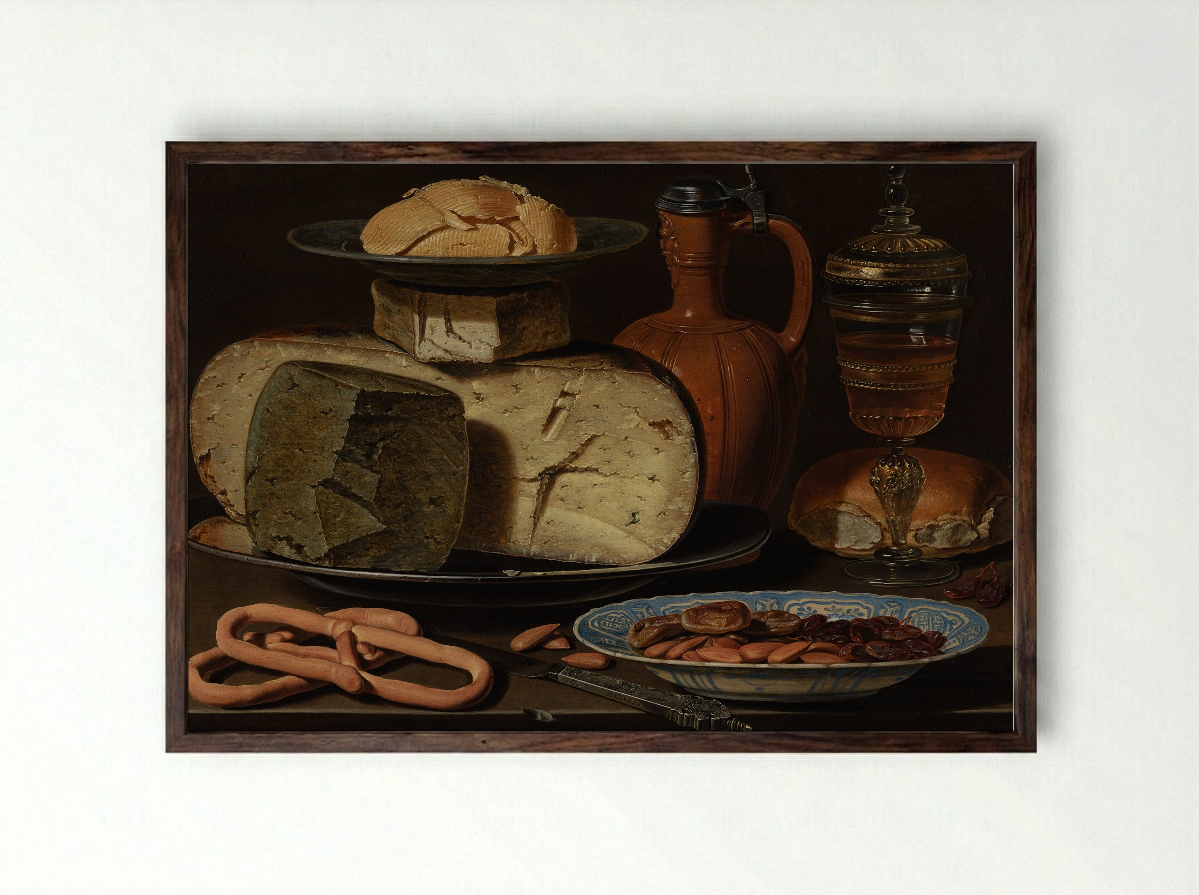 Still Life with Cheeses, Almonds and Pretzels - Clara Peeters - Framed Print Dark Wood