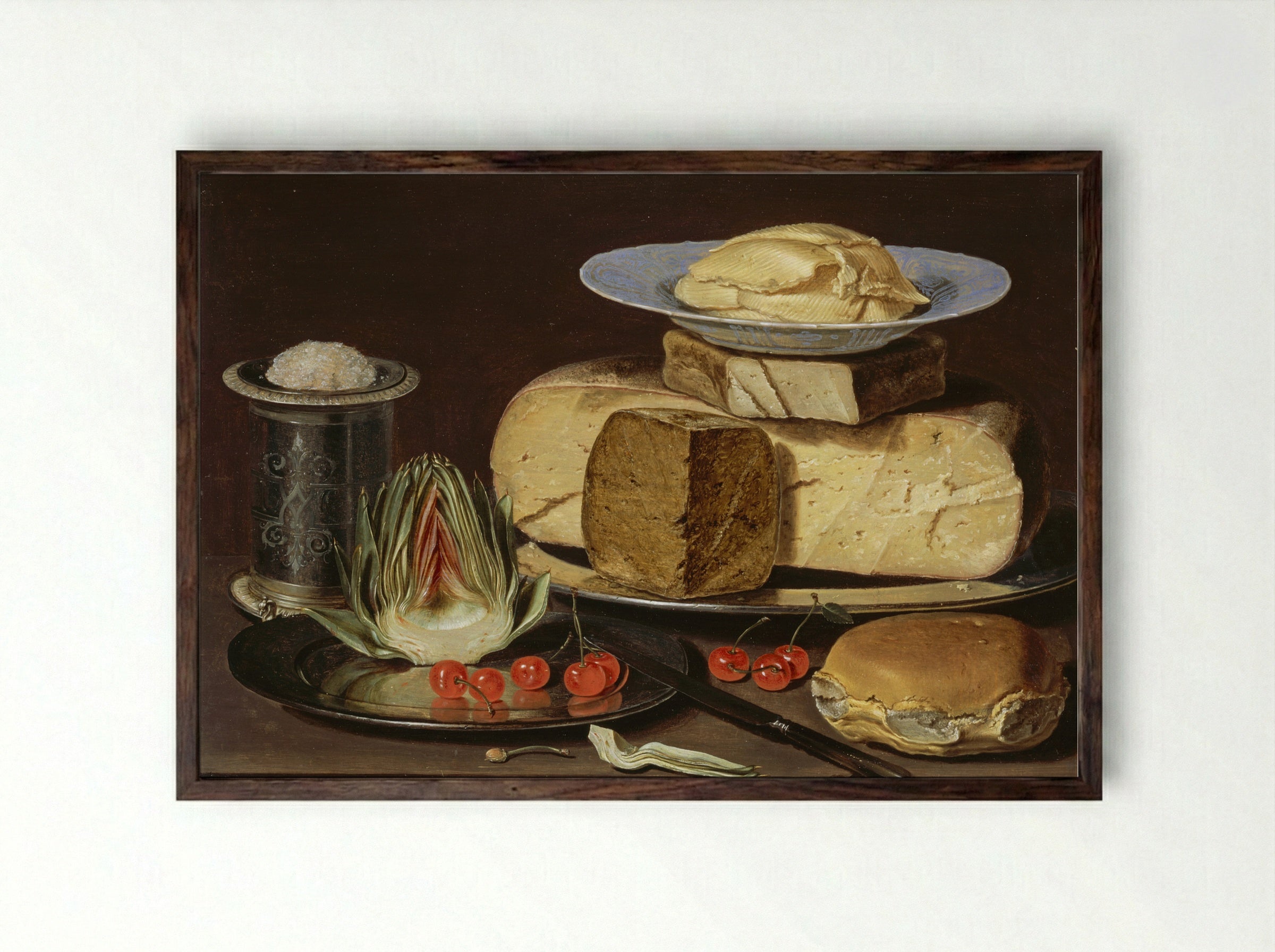 Still Life with Cheeses, Artichoke, and Cherries - Clara Peeters - Framed Print Dark Wood