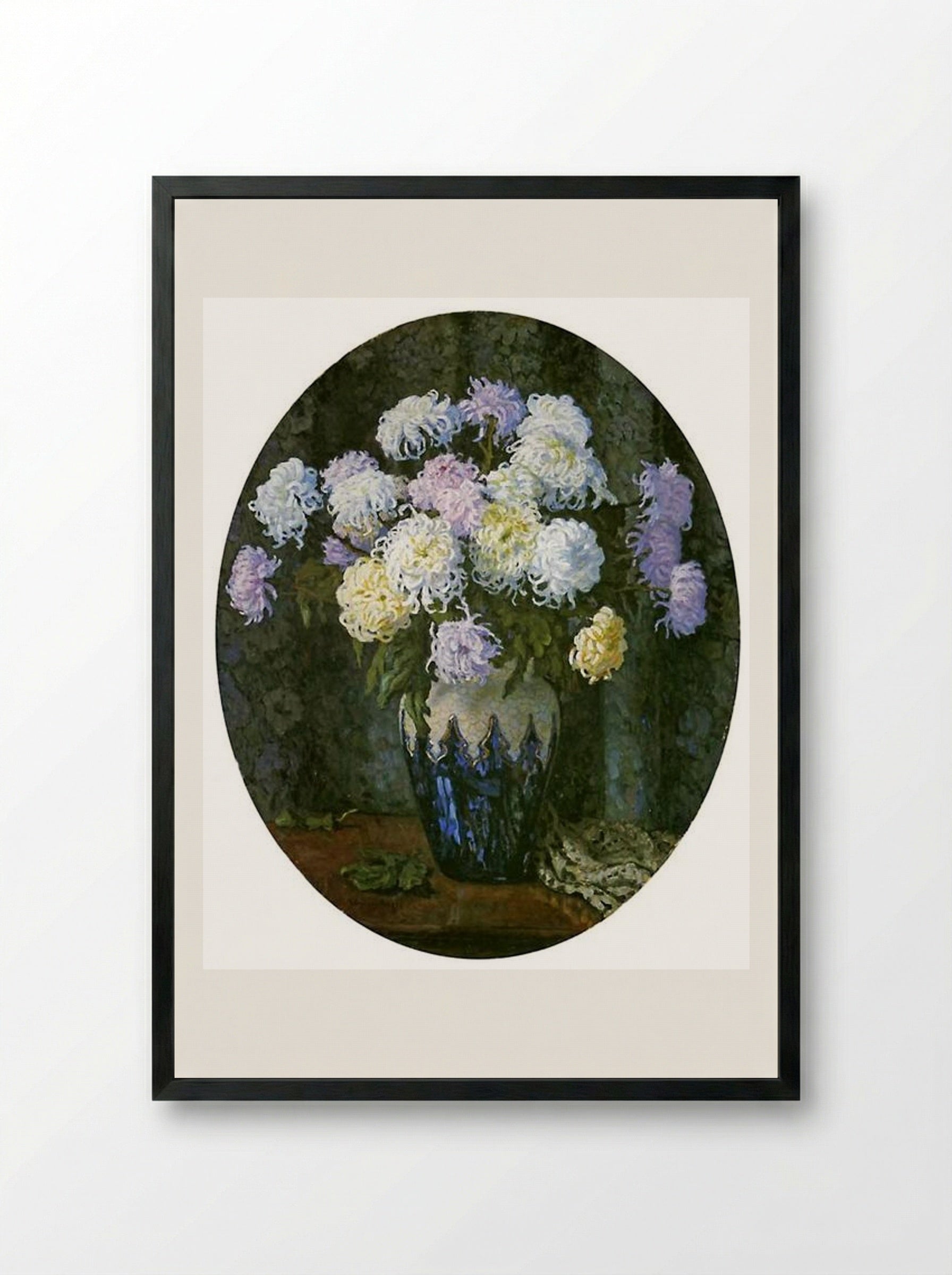 Still Life with Chrysanthemums - Nikolay Bogdanov-Belsky - Framed Print Black