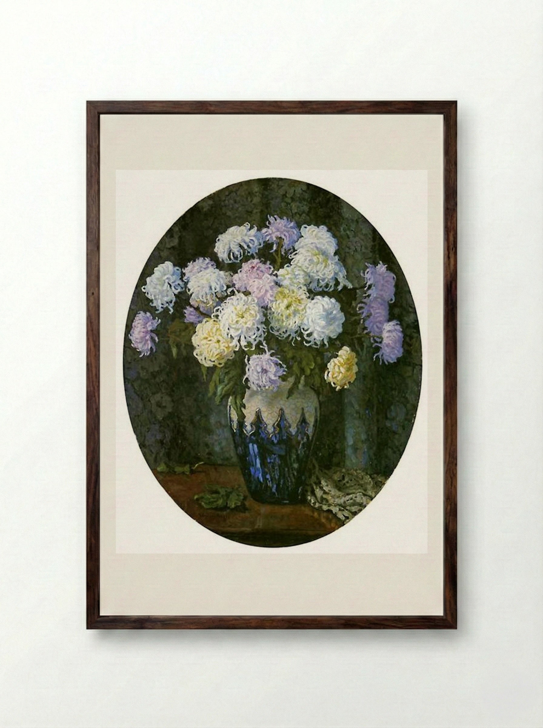 Still Life with Chrysanthemums - Nikolay Bogdanov-Belsky - Framed Print Dark Wood