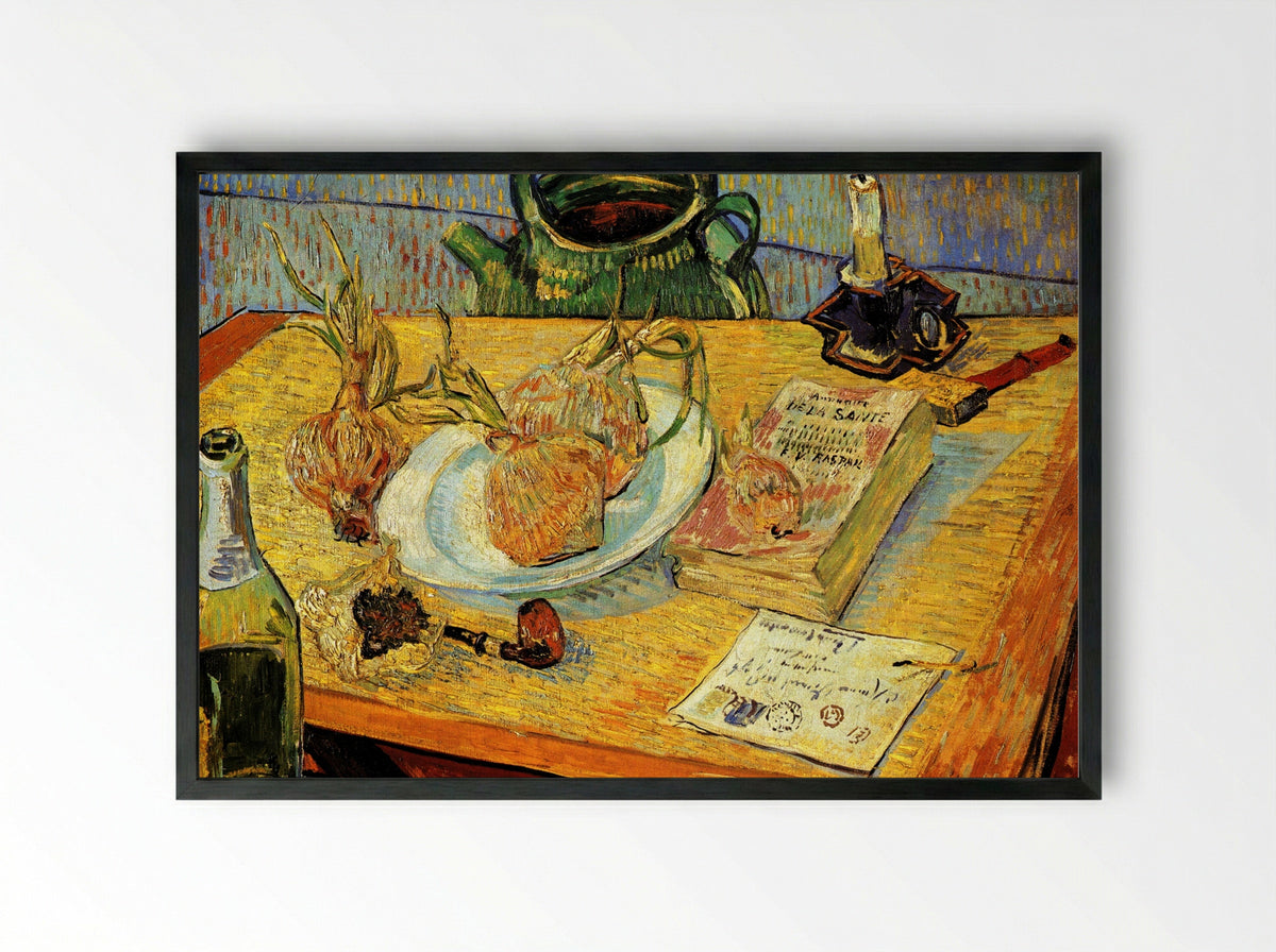 Still Life with Drawing Board, Pipe, Onions and Sealing-Wax - Vincent van Gogh - Framed Print Black
