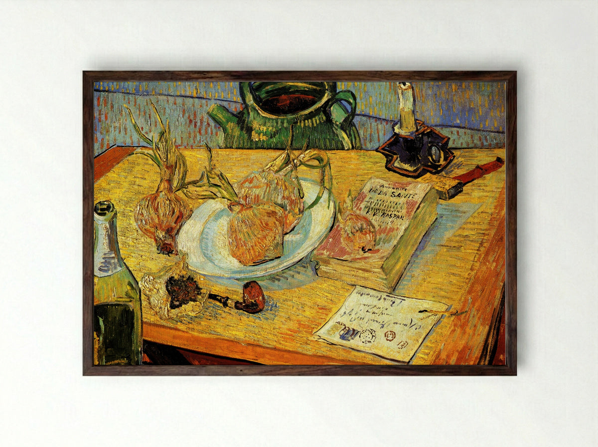 Still Life with Drawing Board, Pipe, Onions and Sealing-Wax - Vincent van Gogh - Framed Print Dark Wood