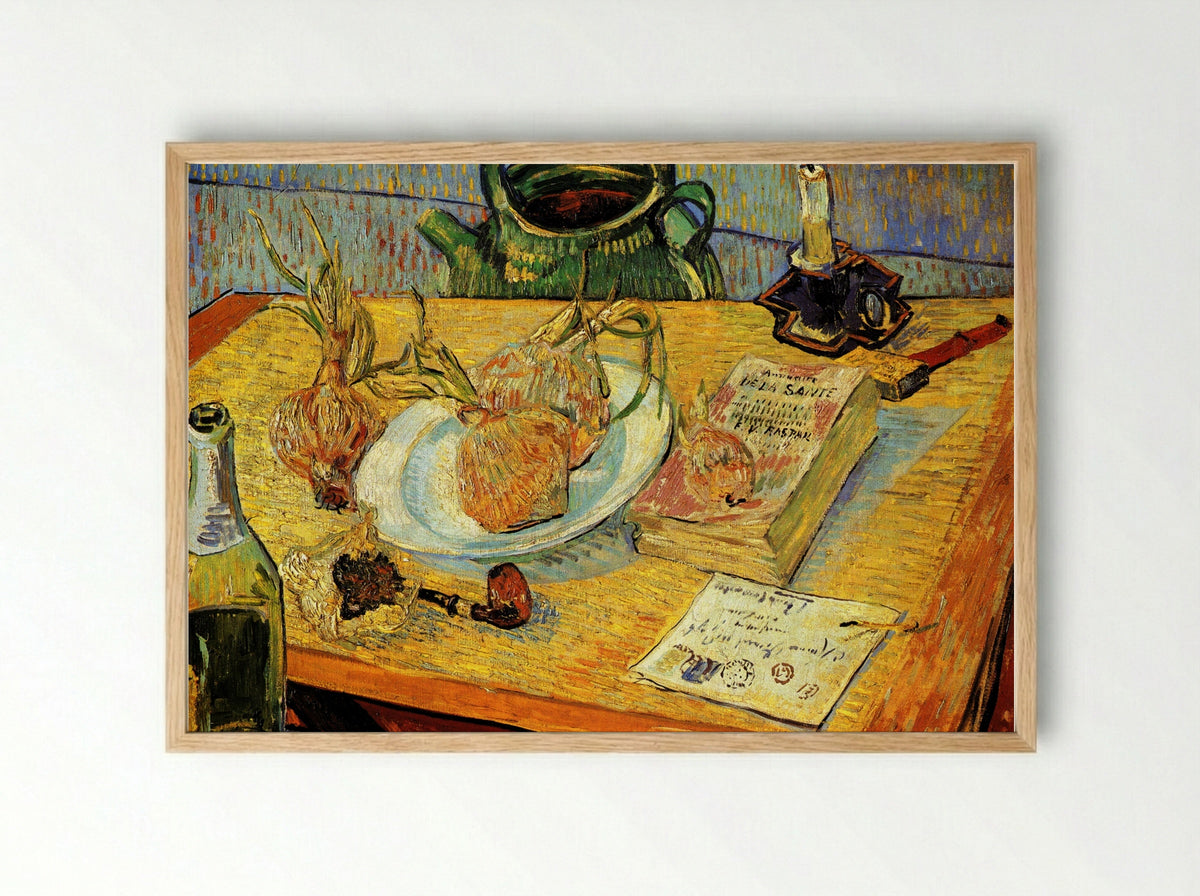 Still Life with Drawing Board, Pipe, Onions and Sealing-Wax - Vincent van Gogh - Framed Print Wood