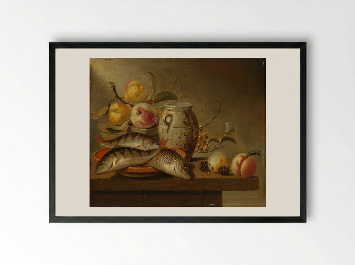 Still Life with Earthenware Jar, Fish and Fruit - Harmen Steenwijck - Framed Print Black