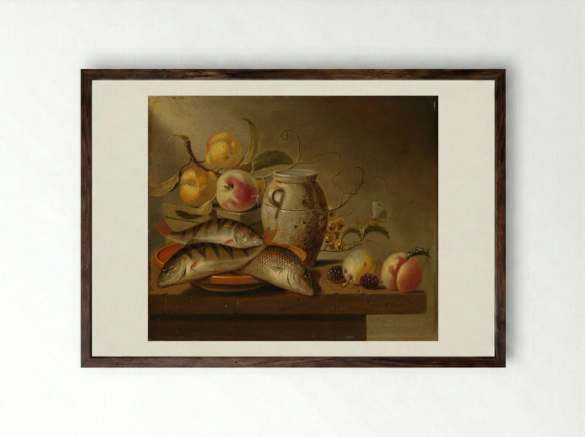 Still Life with Earthenware Jar, Fish and Fruit - Harmen Steenwijck - Framed Print Dark Wood