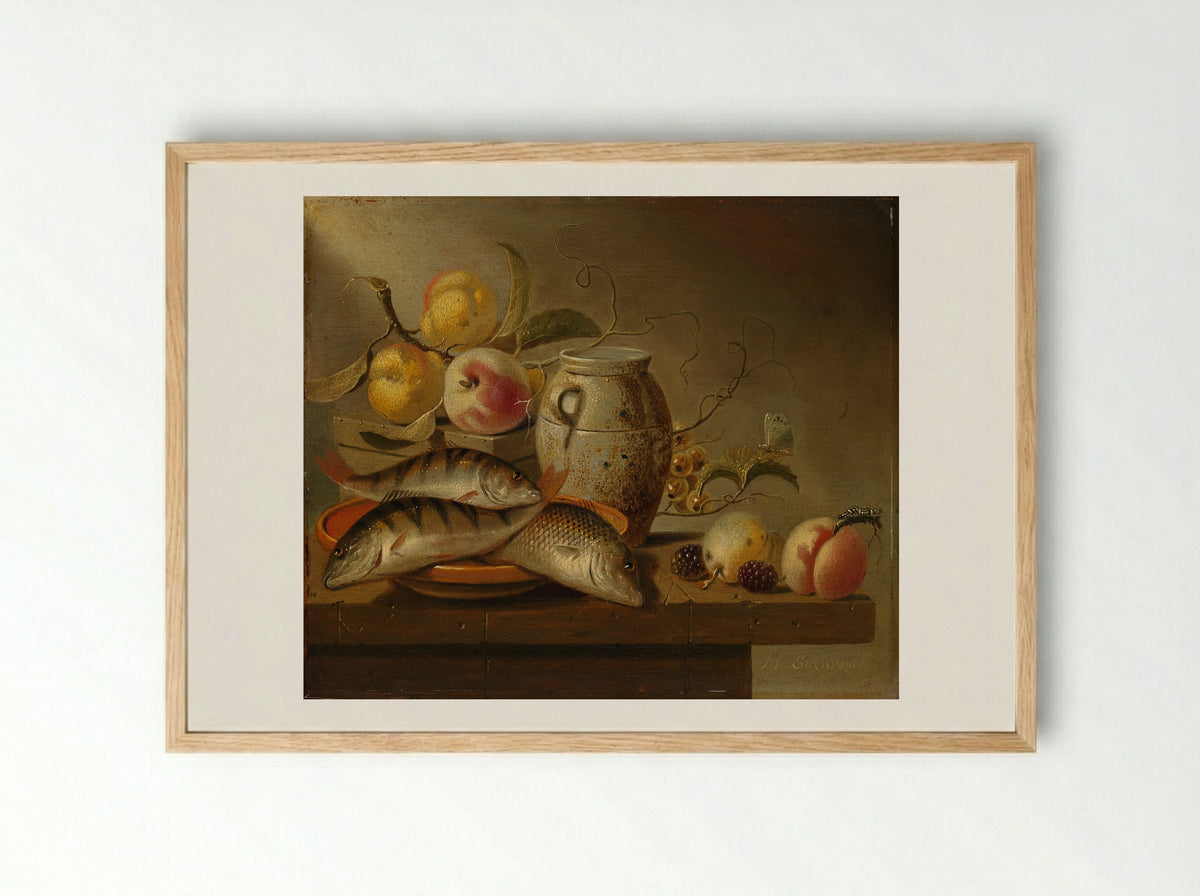 Still Life with Earthenware Jar, Fish and Fruit - Harmen Steenwijck - Framed Print Wood