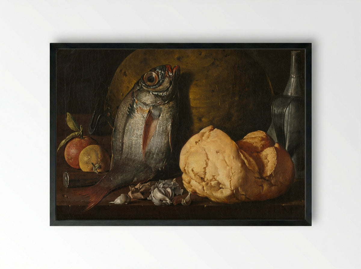 Still Life with Fish, Bread, and Kettle - Luis Meléndez - Framed Print Black