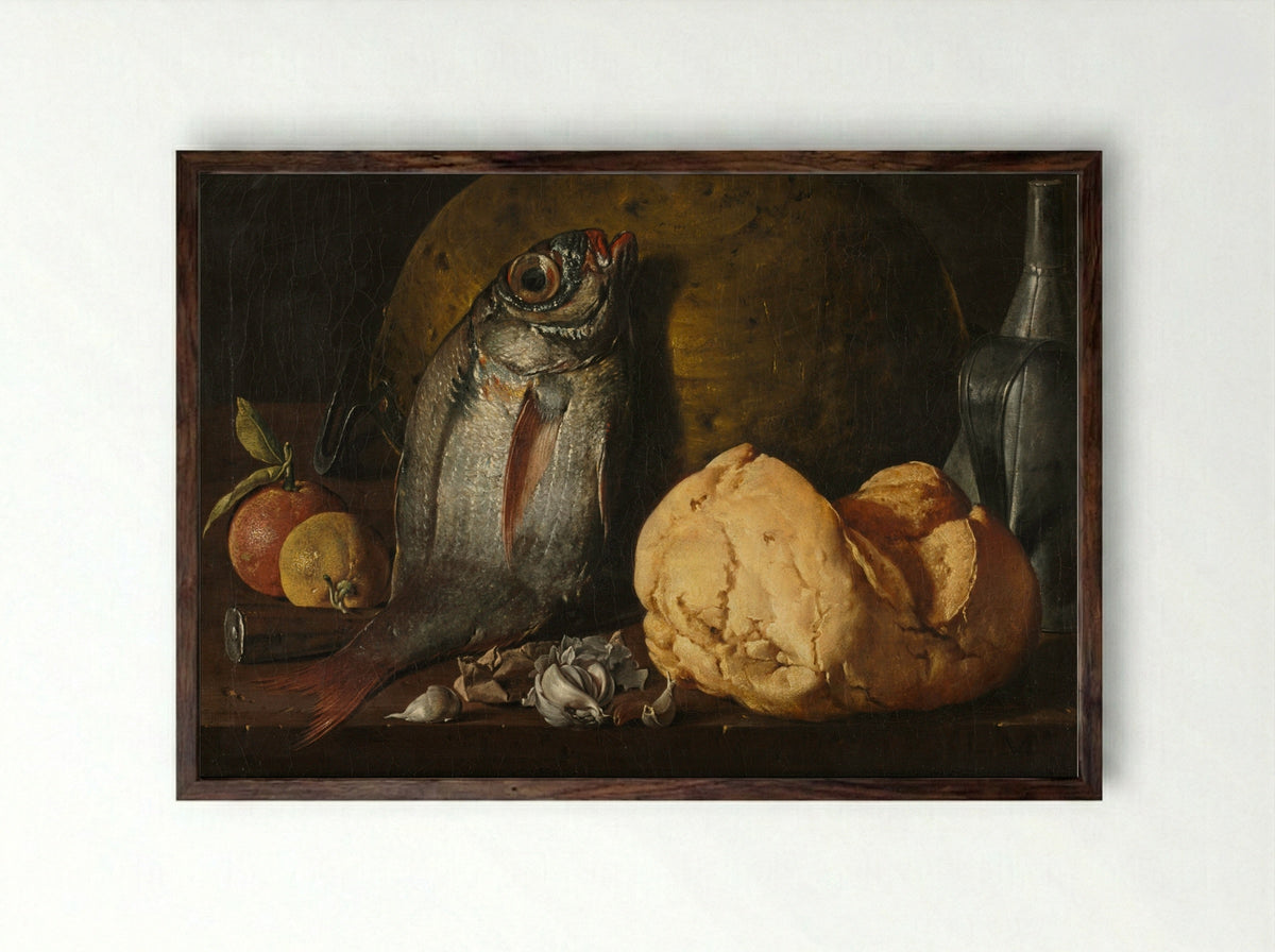 Still Life with Fish, Bread, and Kettle - Luis Meléndez - Framed Print Dark Wood