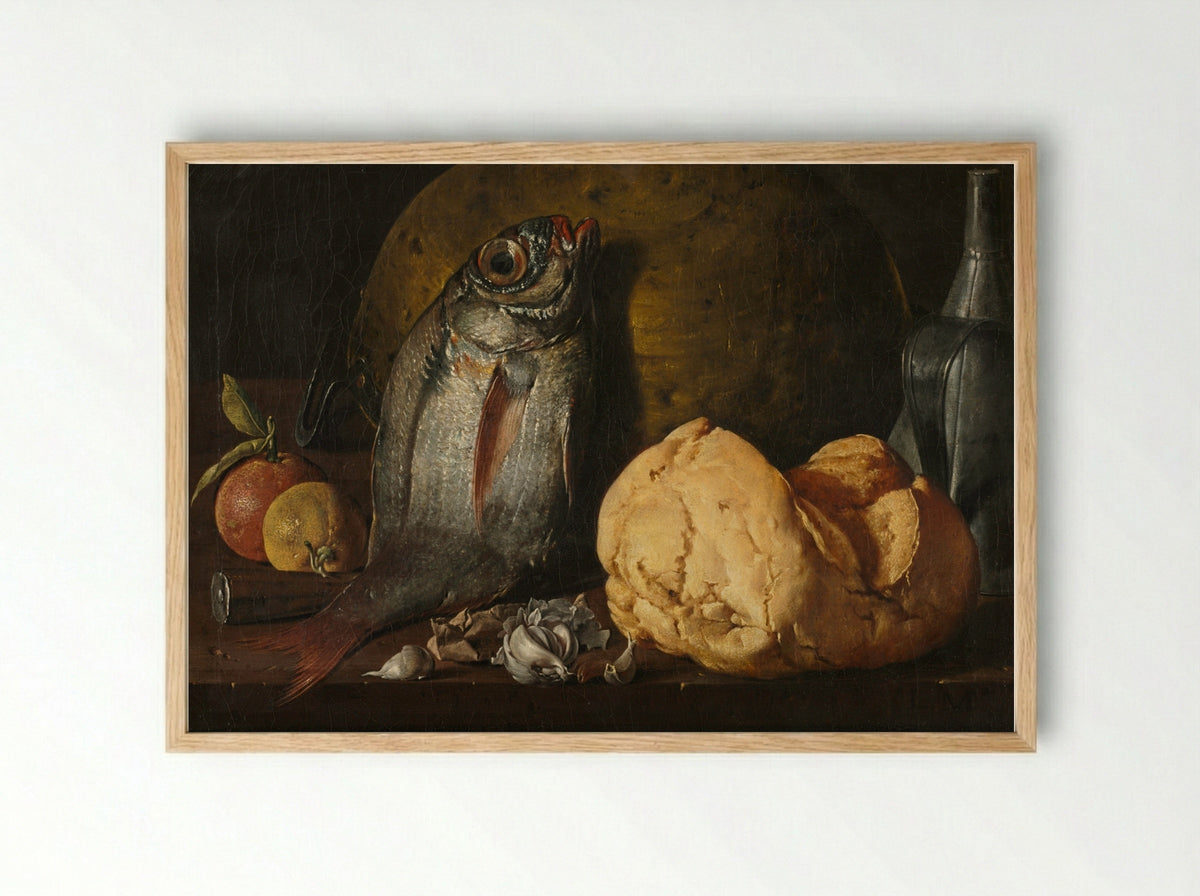 Still Life with Fish, Bread, and Kettle - Luis Meléndez - Framed Print Wood