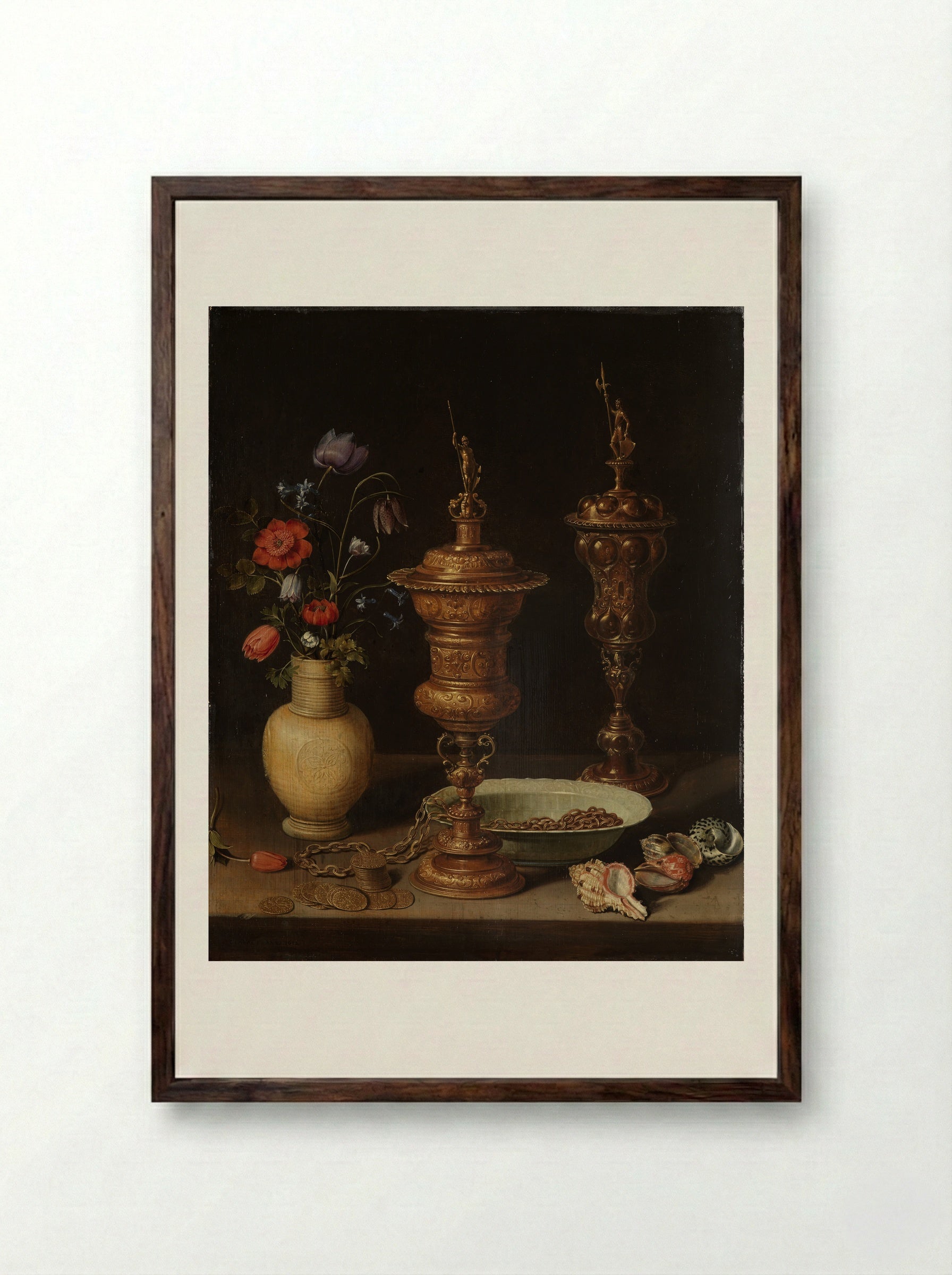 Still Life with Flowers and Gold Cups of Honor - Clara Peeters - Framed Print Dark Wood